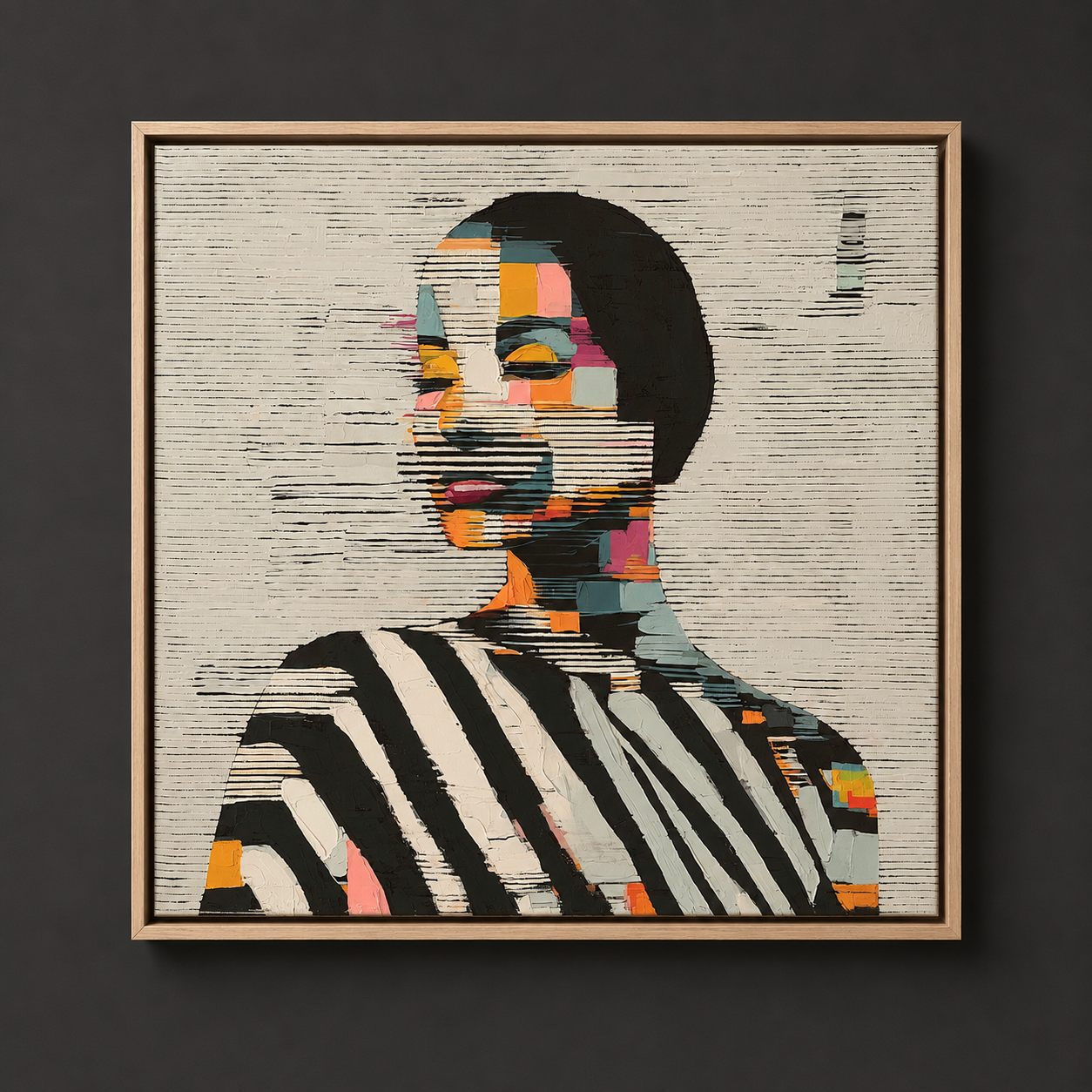 Front view of mosaic portrait canvas print with teal, coral and mustard details in an oak floater frame