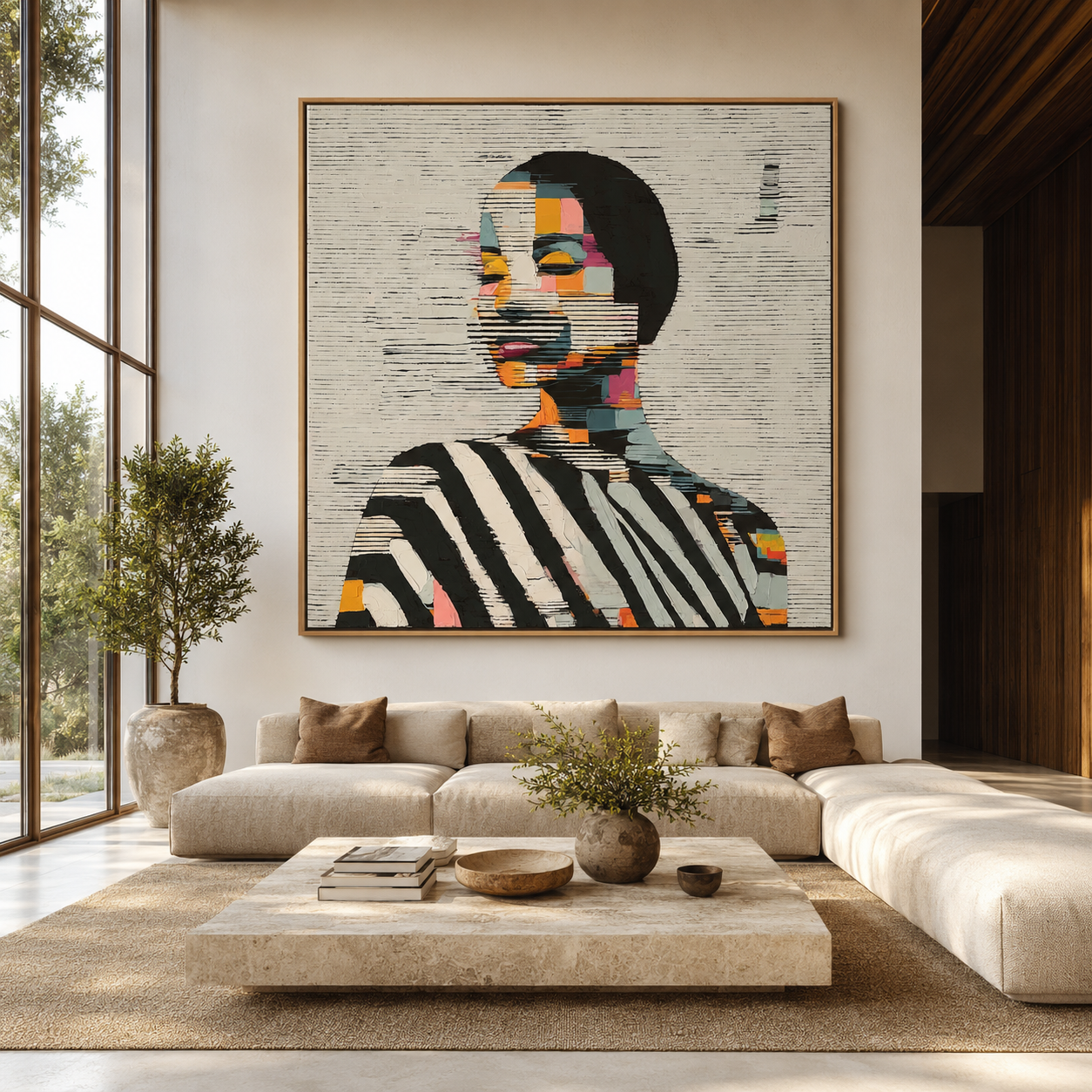 Oversized mosaic portrait canvas print in an oak floater frame displayed in a modern living room