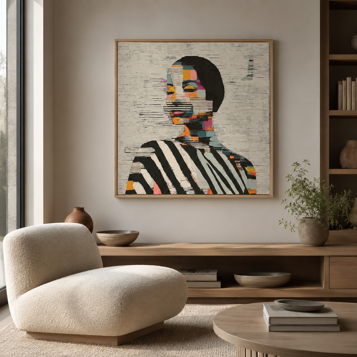 Mosaic portrait canvas print in an oak floater frame displayed in a reading room with built-in shelving