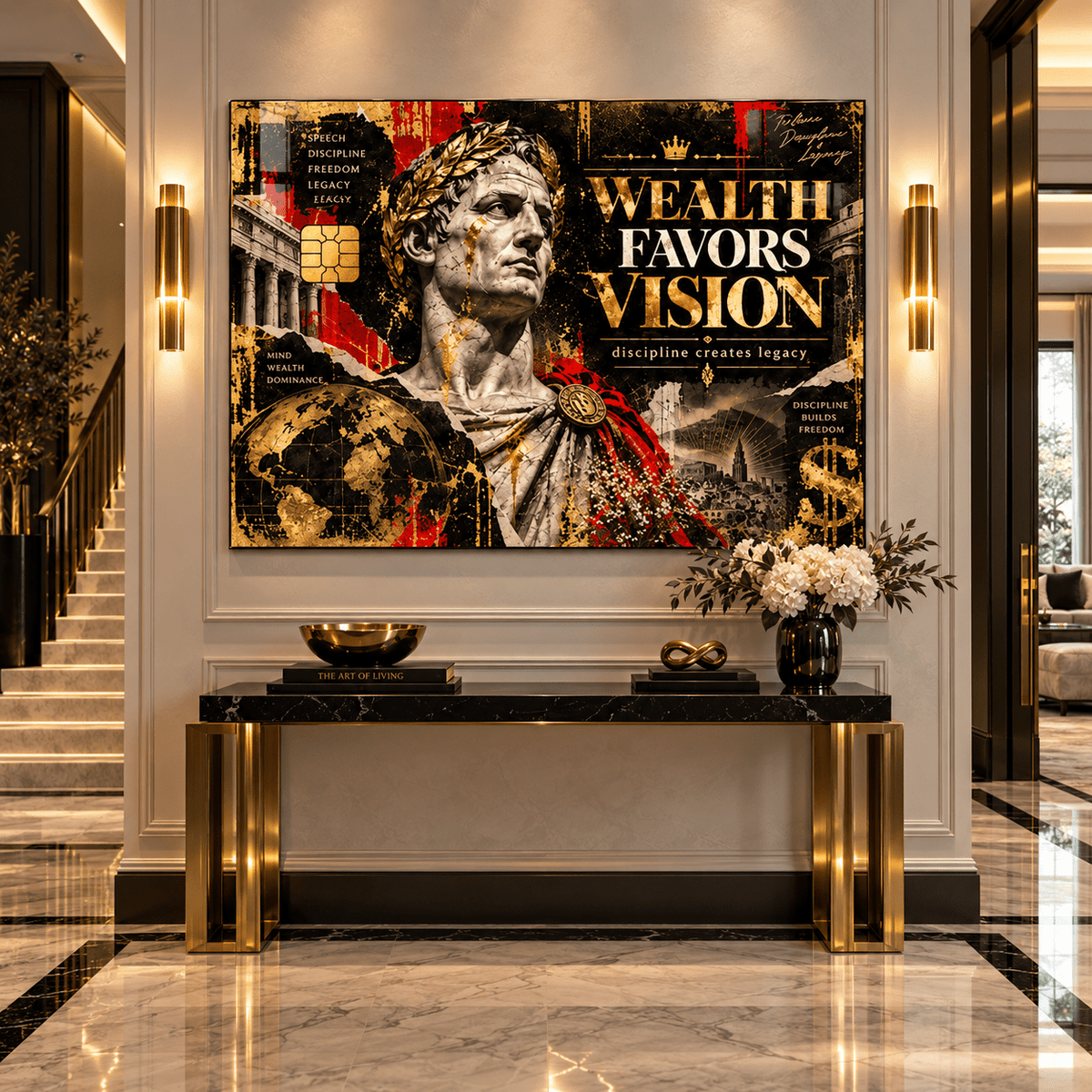 Motivational wall art – Wealth Favors Vision black, gold and red acrylic print with a Roman bust above a marble and gold console in a luxury entryway by Rossetti Art