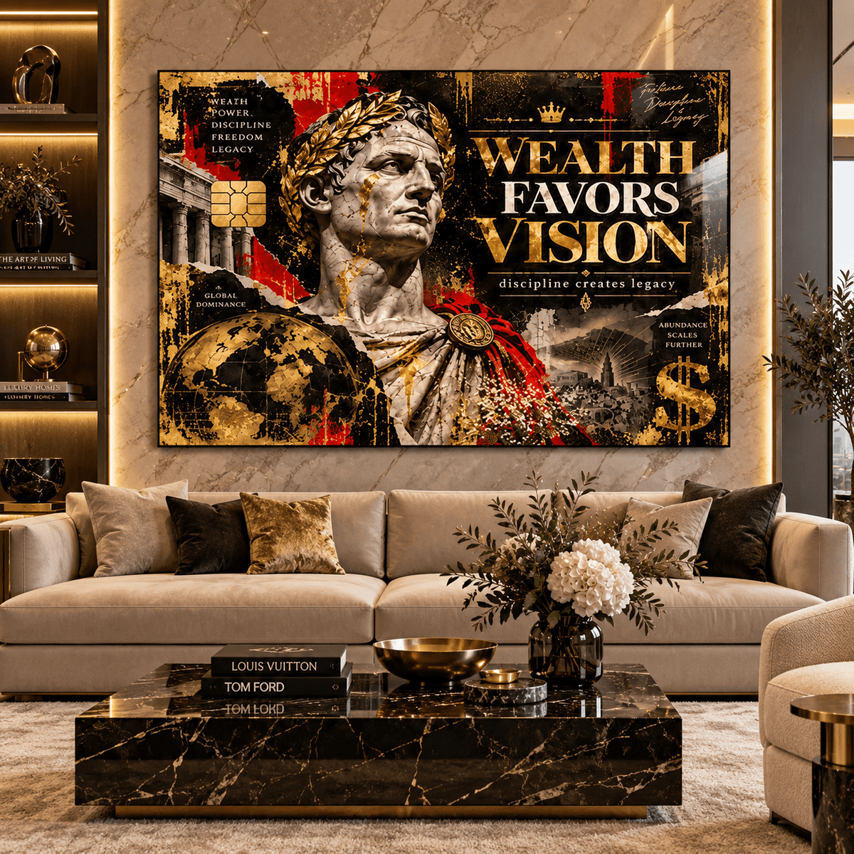 Motivational wall art – Wealth Favors Vision black, gold and red acrylic print with a Roman bust above a cream sofa in a luxury living room by Rossetti Art