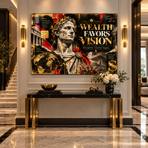 Motivational wall art – Wealth Favors Vision black, gold and red acrylic print with a Roman bust above a marble and gold console in a luxury entryway by Rossetti Art