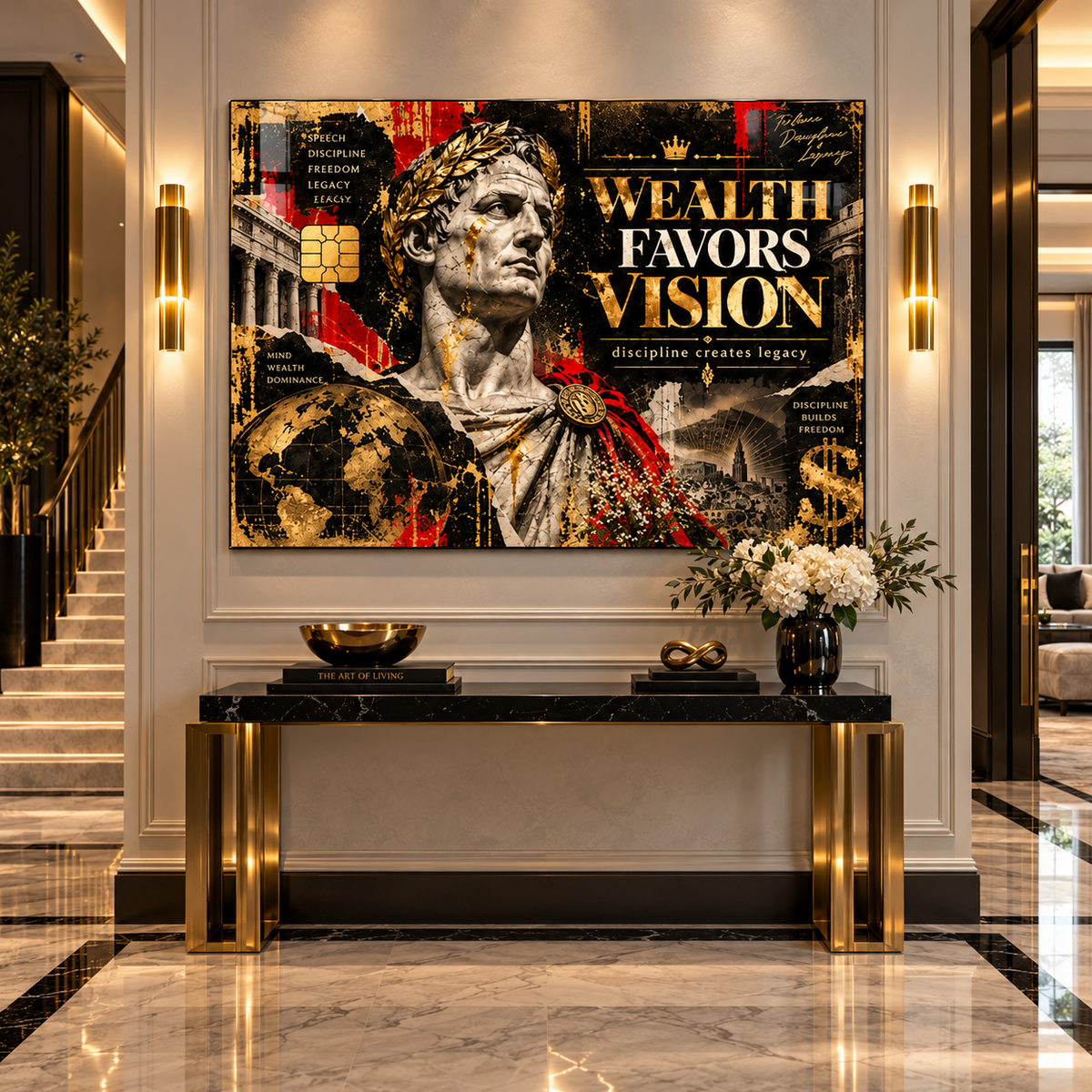Motivational wall art – Wealth Favors Vision black, gold and red acrylic print with a Roman bust above a marble and gold console in a luxury entryway by Rossetti Art