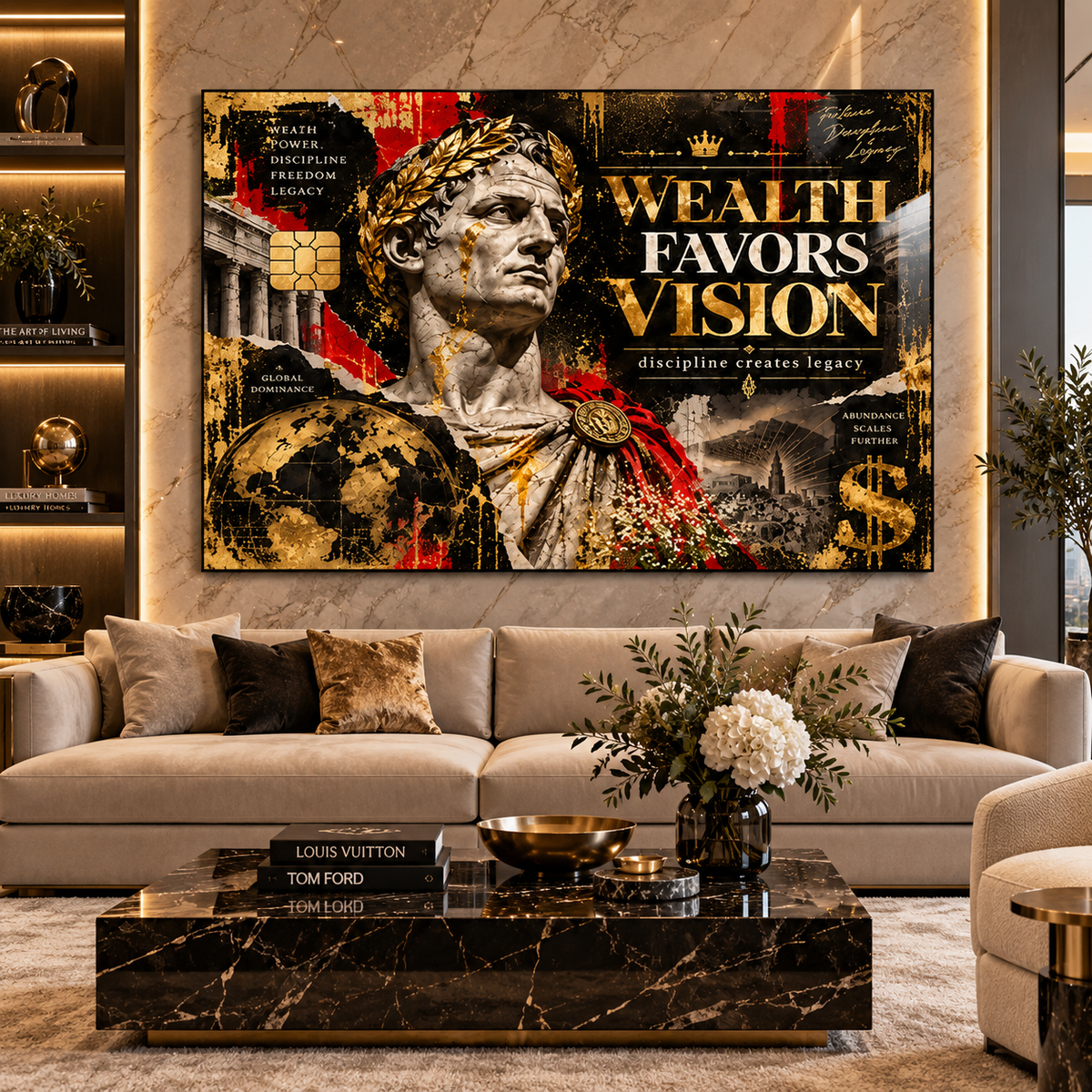 Motivational wall art – Wealth Favors Vision black, gold and red acrylic print with a Roman bust above a cream sofa in a luxury living room by Rossetti Art