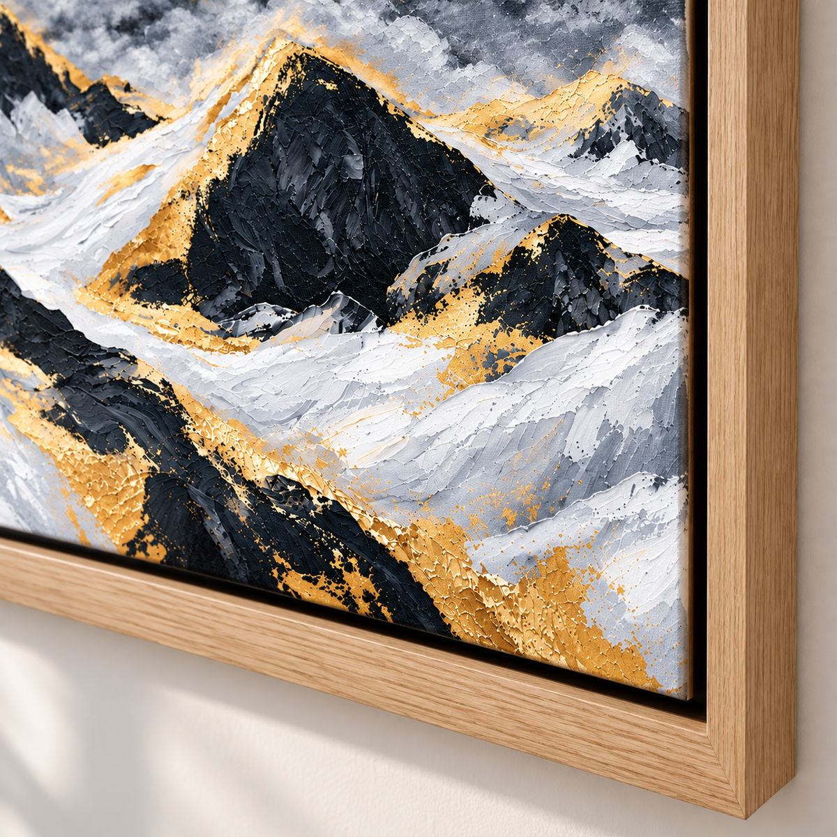 Mountain Canvas Wall Art – Gilded Peaks by Rossetti Art – close-up of the textured palette-knife paint and floater frame corner