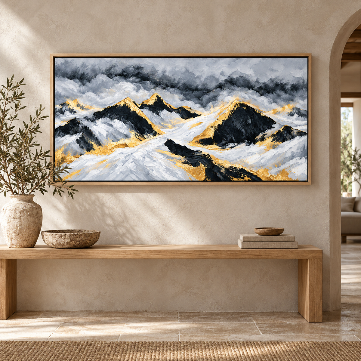 Mountain Canvas Wall Art – Gilded Peaks by Rossetti Art – horizontal mountain landscape canvas above a console bench in an entryway