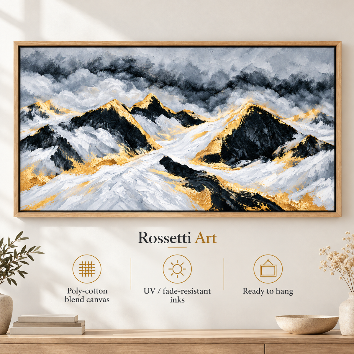 Mountain Canvas Wall Art – Gilded Peaks by Rossetti Art – poly-cotton canvas, UV and fade-resistant inks, ready to hang