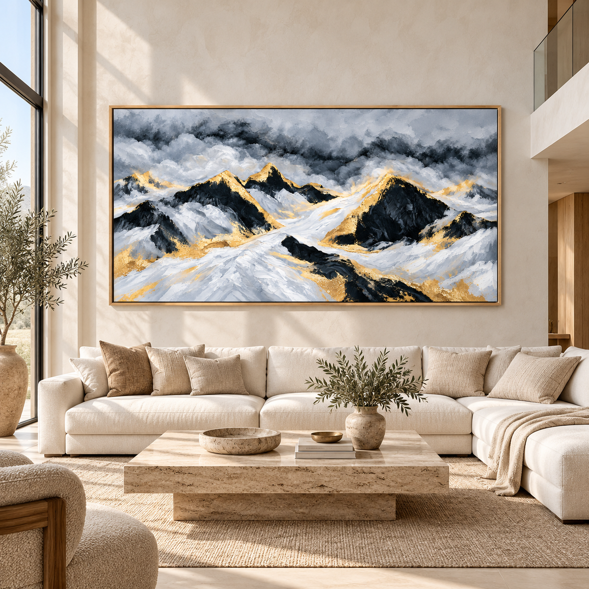 Mountain Canvas Wall Art – Gilded Peaks by Rossetti Art – large black, white and gold mountain canvas above a cream sofa in a living room