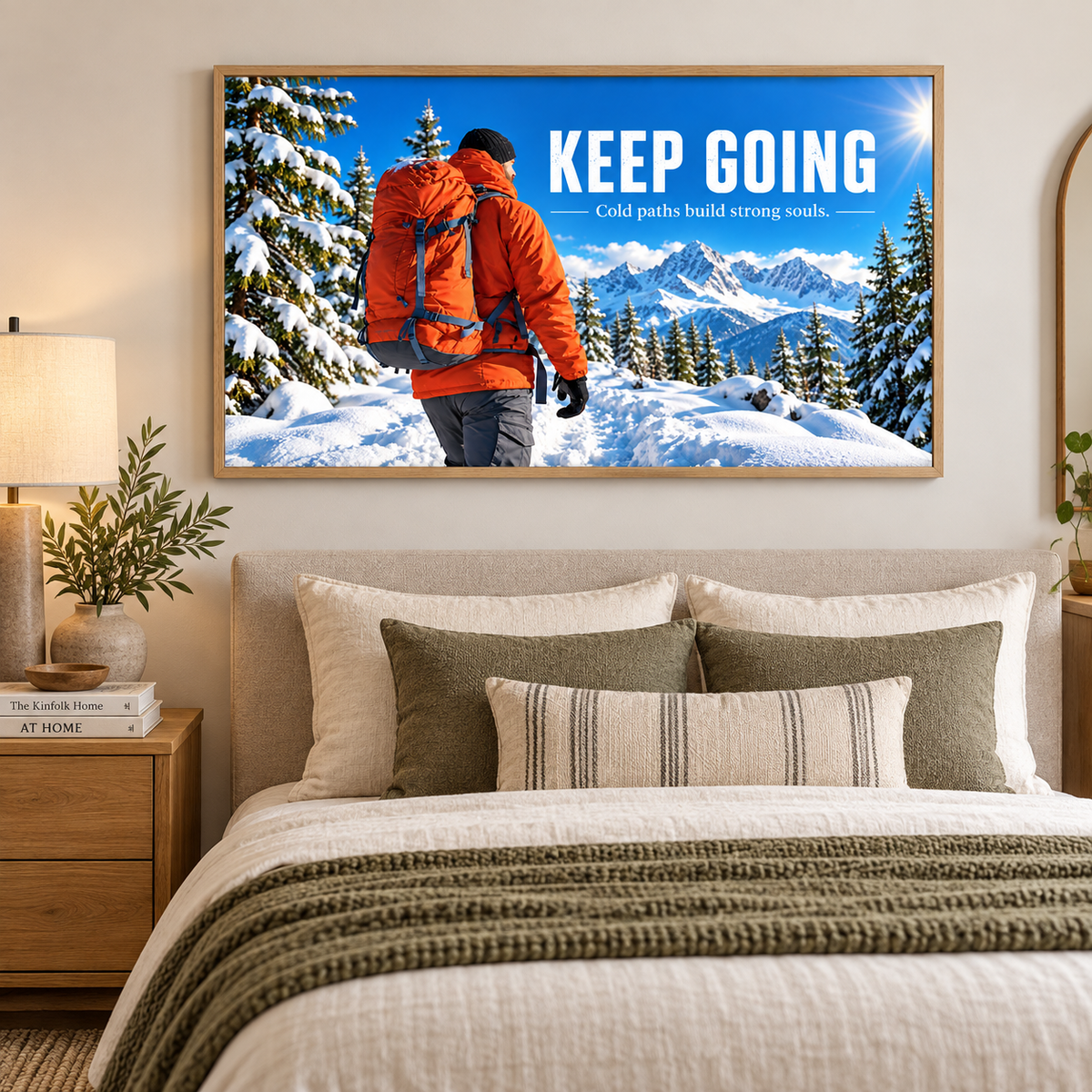Mountain wall art – Keep Going snowy mountain acrylic print above a bed in a cozy bedroom by Rossetti Art