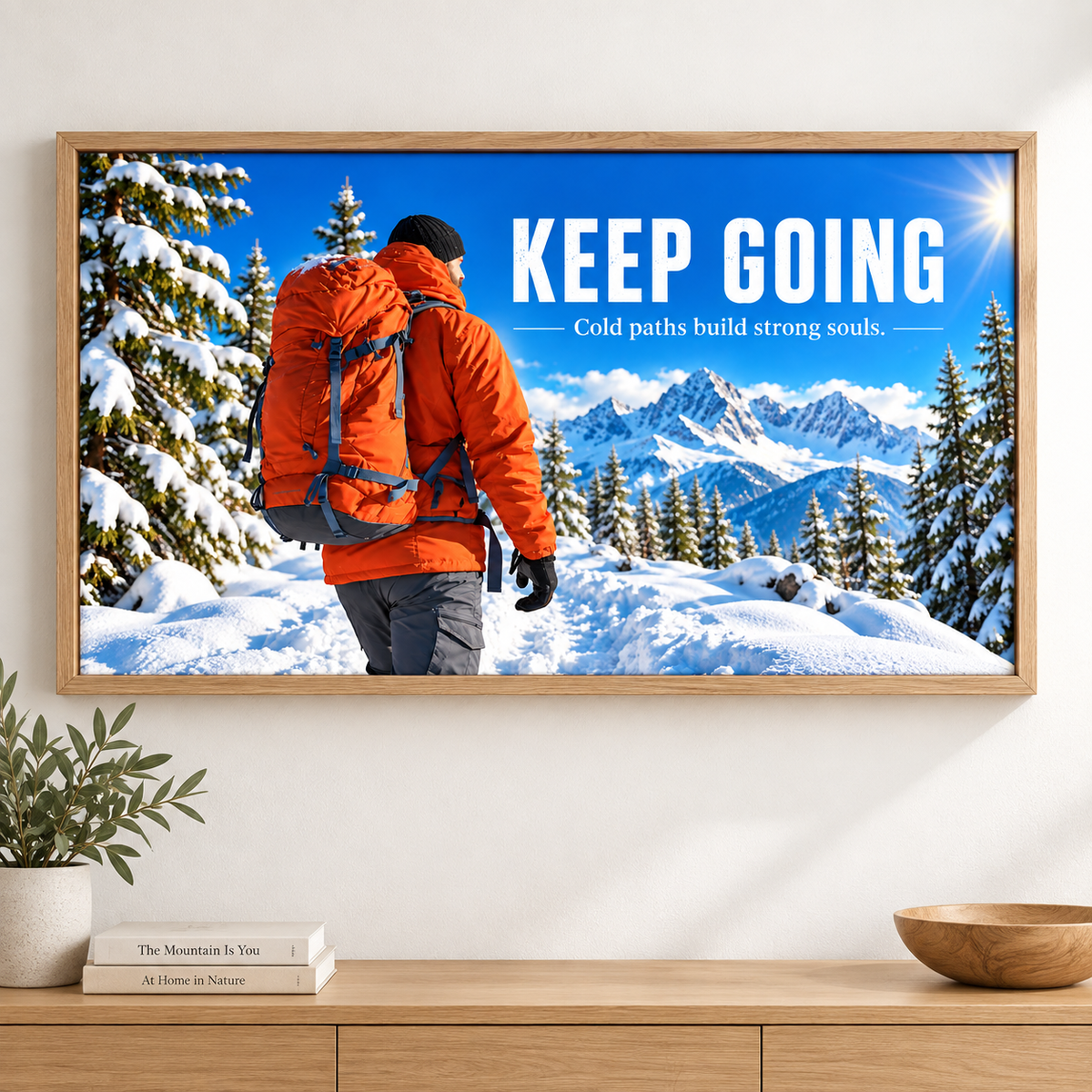 Mountain wall art – Keep Going winter hiker acrylic print in an oak frame above a wooden sideboard by Rossetti Art