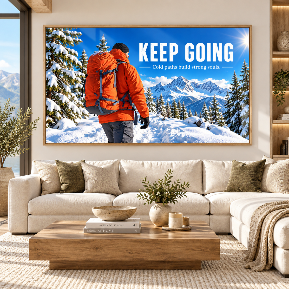 Mountain wall art – Keep Going hiker in snowy mountains horizontal acrylic print above a cream sofa in a living room by Rossetti Art
