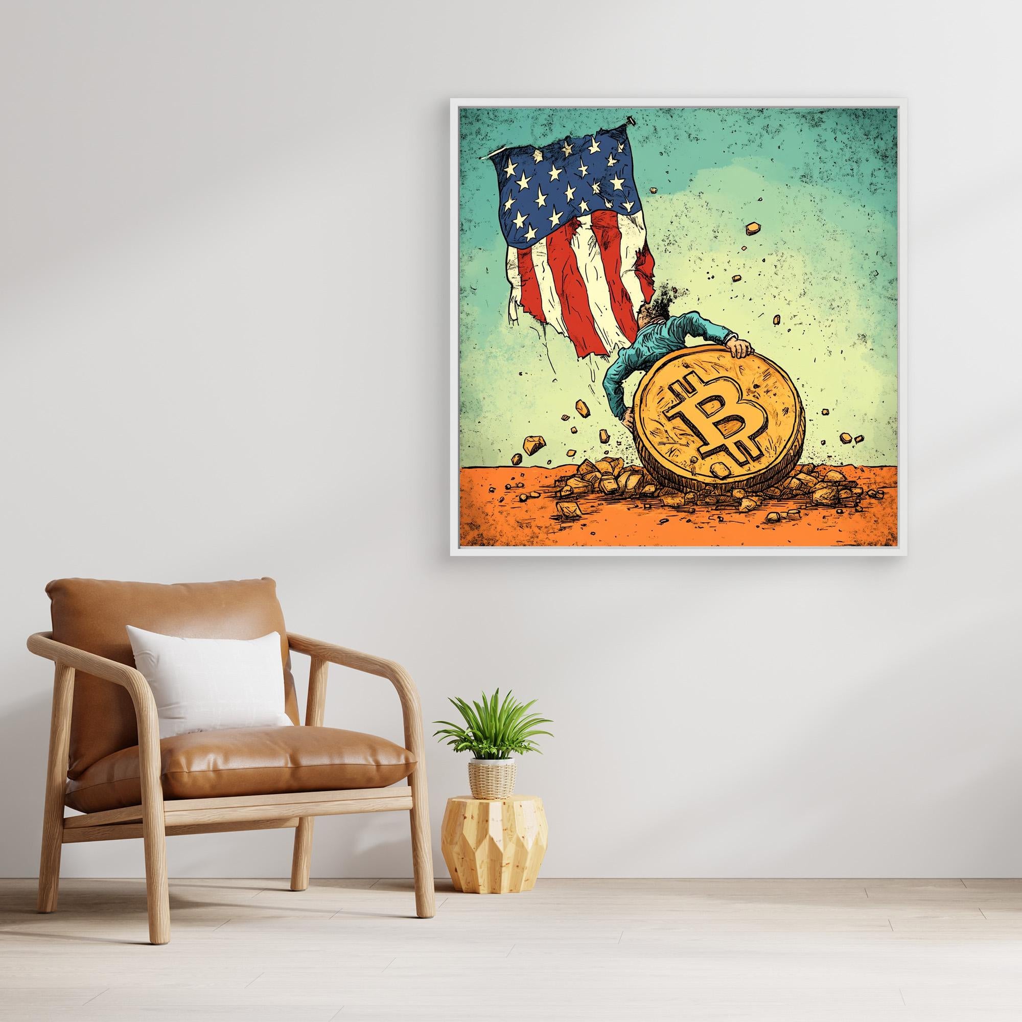 Canvas Print : Bitcoin vs. Tradition: Bold Political Satire Print Artwork