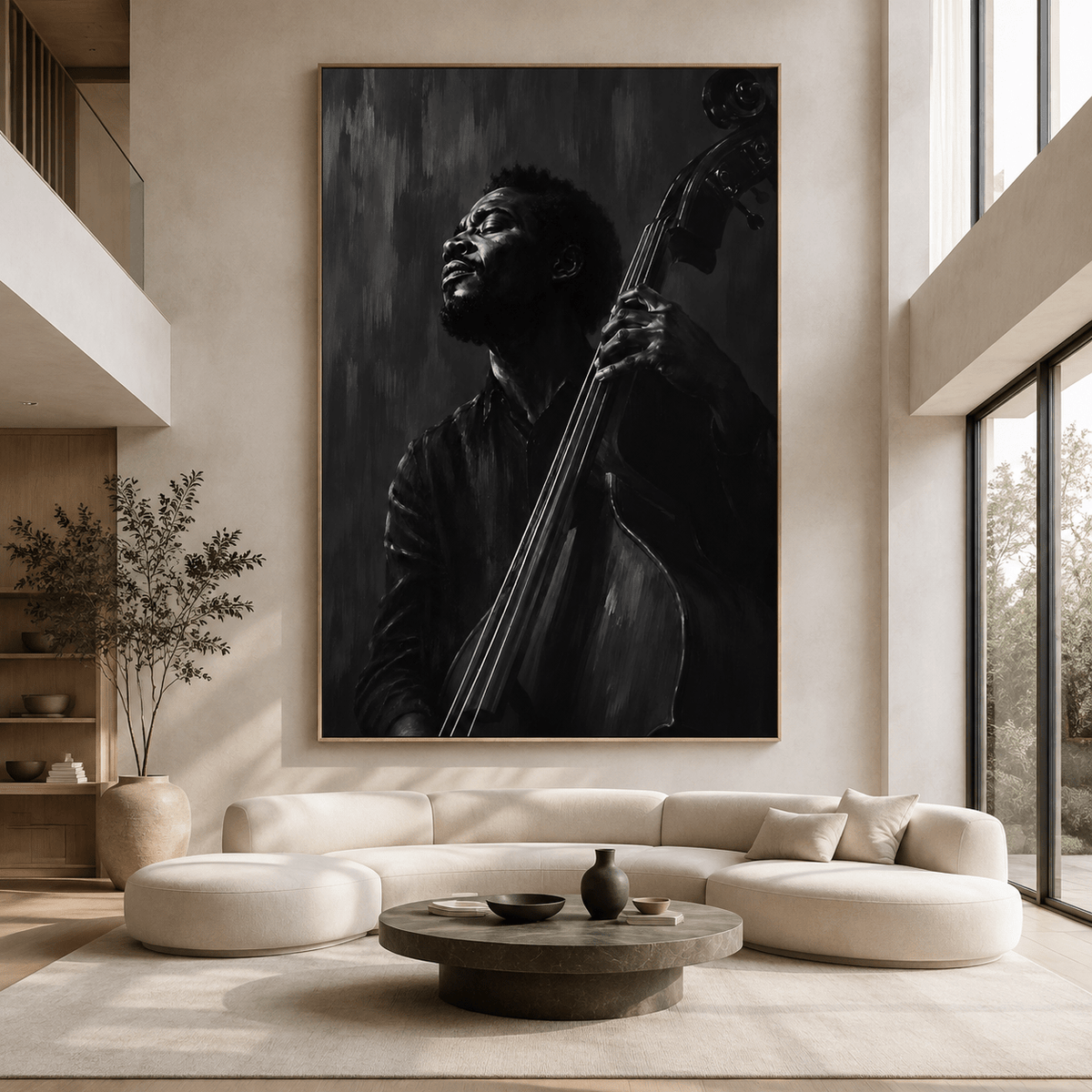 Musician painting of a double bass player above a sofa in a modern living room – Quiet Groove by Rossetti Art