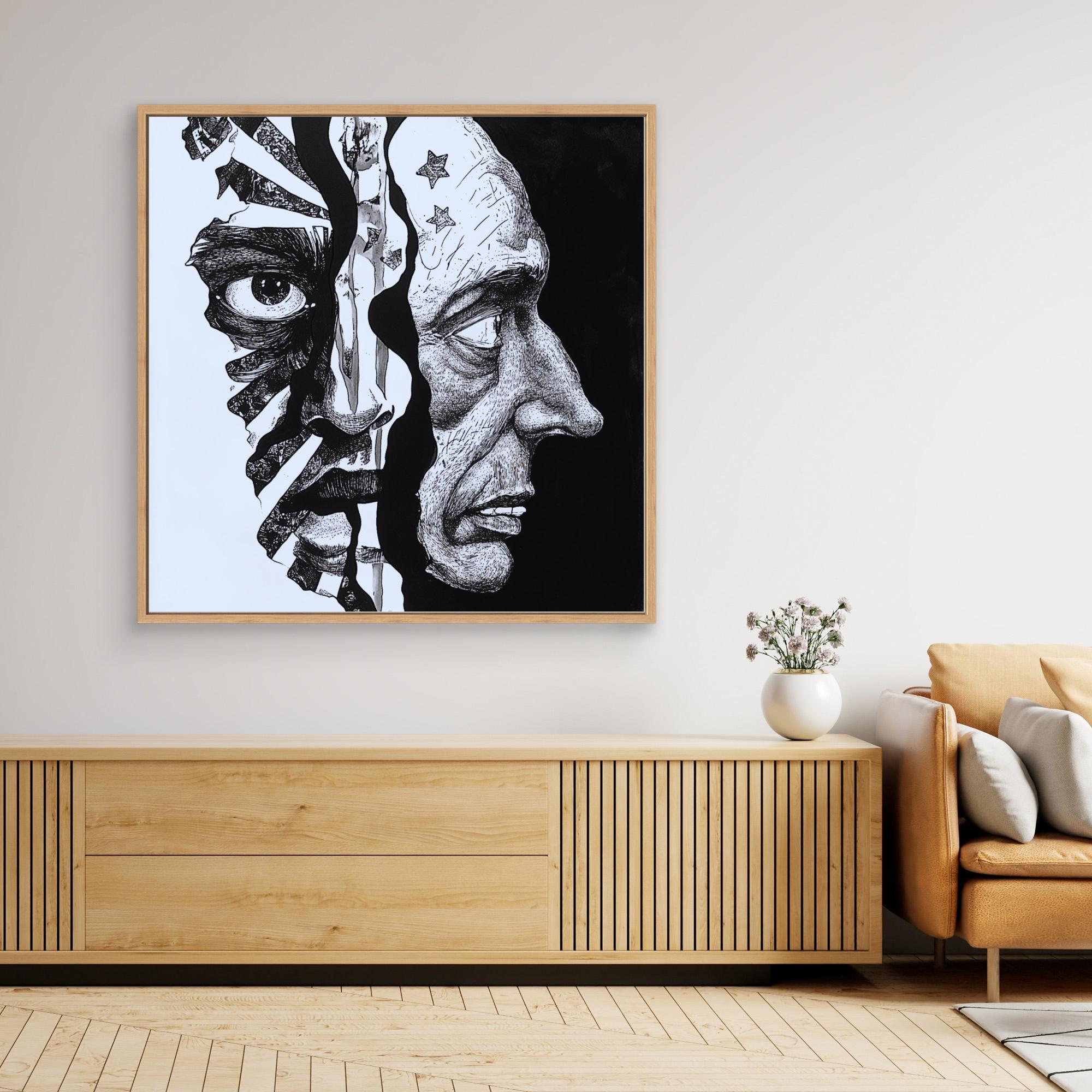 Faces Within - Dual Perspective Abstract Wall Art, Black and White Pen Drawing, Surreal Face Illustration Print, Modern Figurative Art for Home Decor