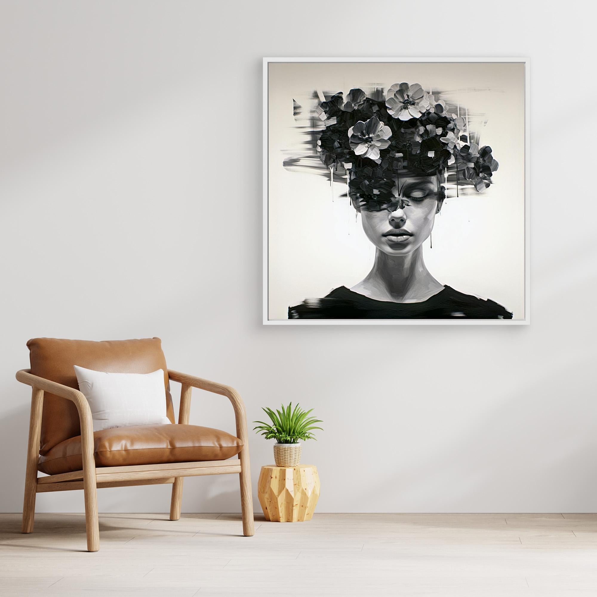 Canvas Print: Noir Bloom – Surreal Floral Portrait Wall Art