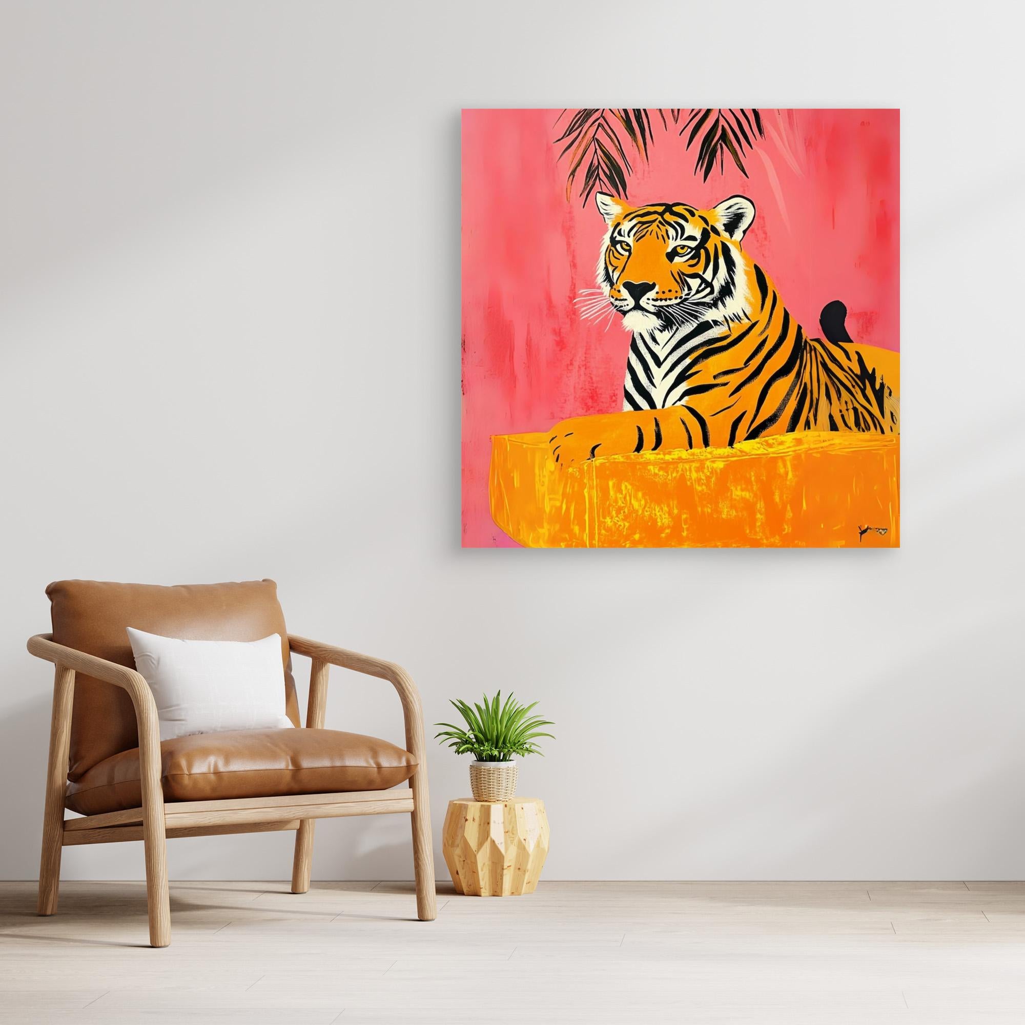 Majestic Tropics - Tiger Wall Art Print, Jungle Animal Painting with Tropical Pink Background, Vibrant Wildlife Decor, Modern Safari Wall Art