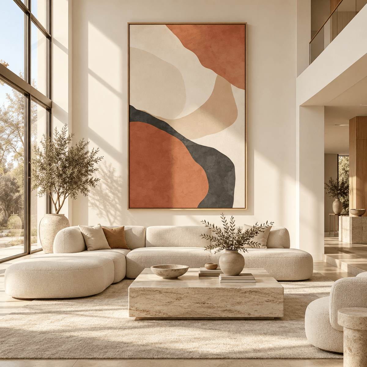 Neutral abstract canvas print displayed as oversized wall art in a warm modern living room
