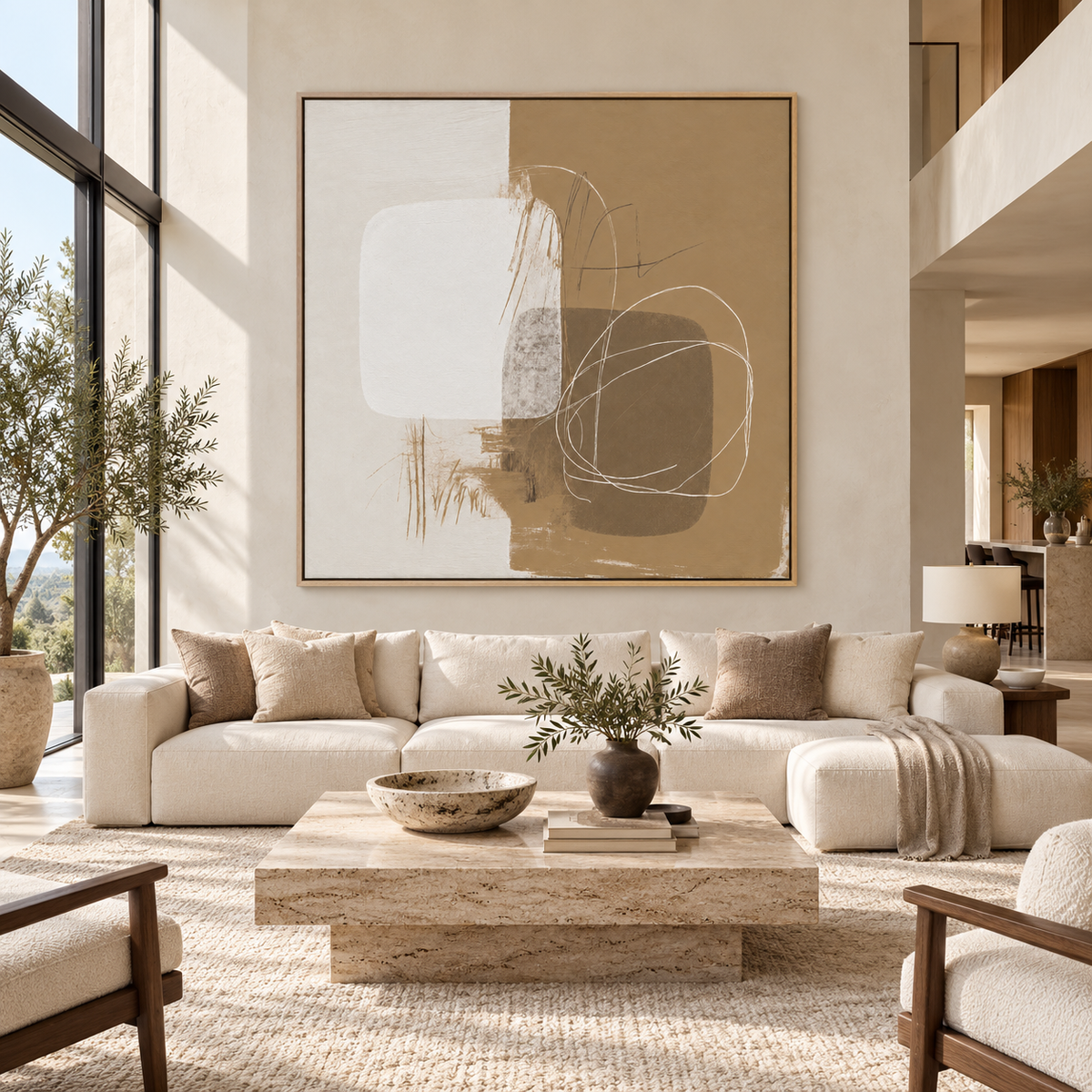 Neutral Abstract Canvas Print – Whispered Balance above an ivory sofa by Rossetti Art