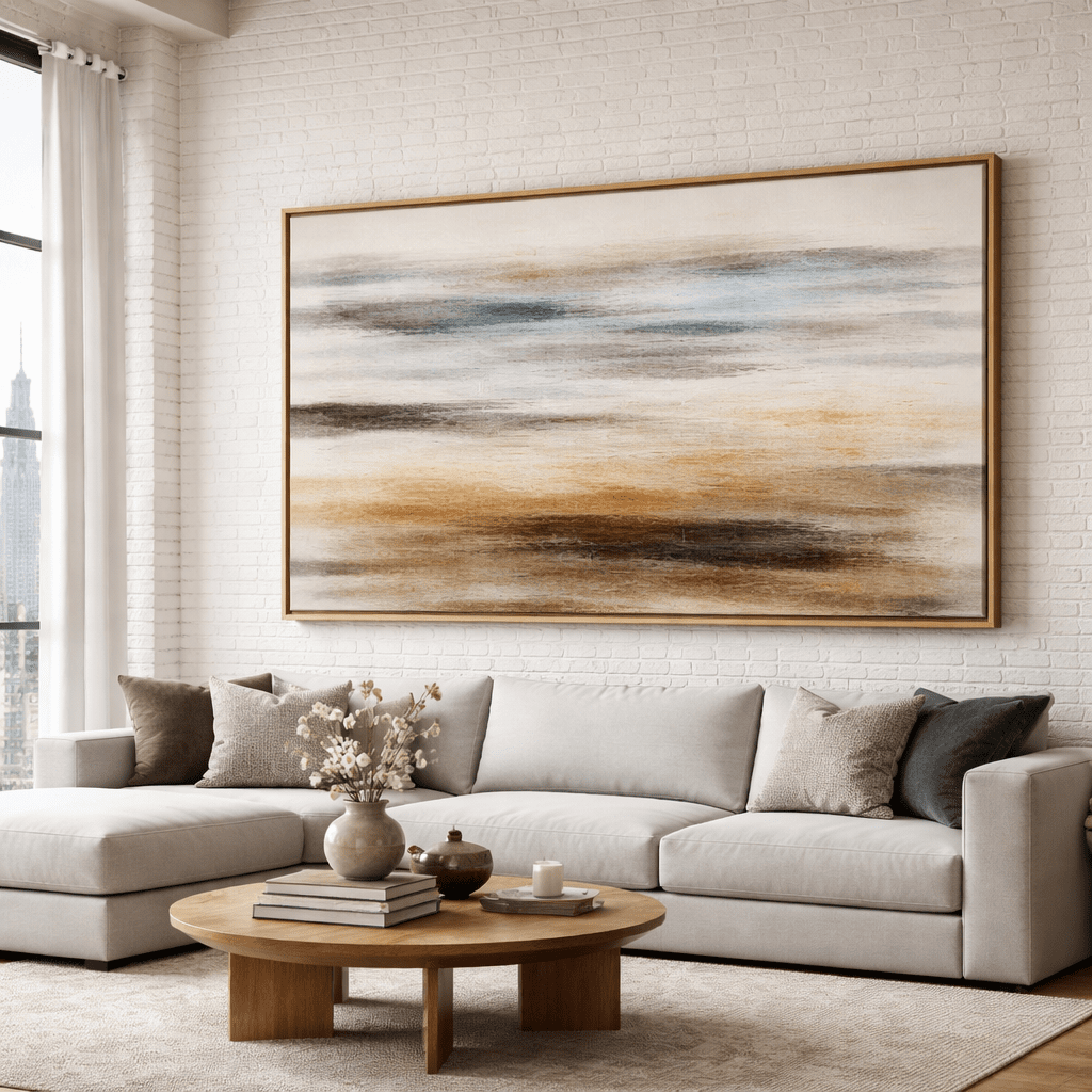 Coastal Silence Horizon Neutral Abstract Canvas Print Styled Above a Modern Sectional Sofa by Rossetti Art