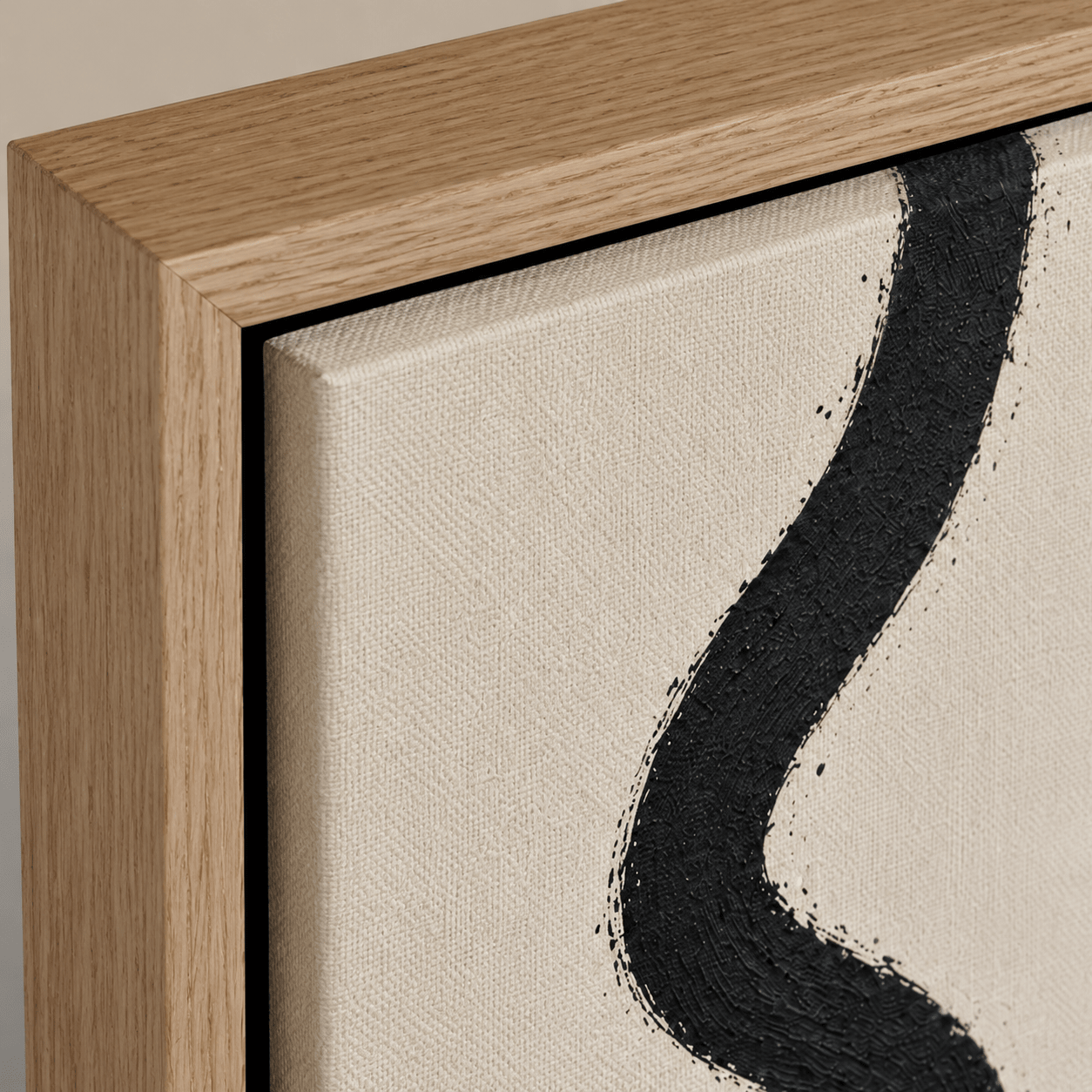 Close-up detail of the oak frame and raw linen canvas texture on this neutral abstract wall art print