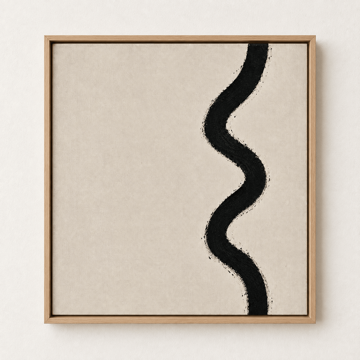 Large neutral abstract wall art canvas print in a bright living room with a cream sectional sofa