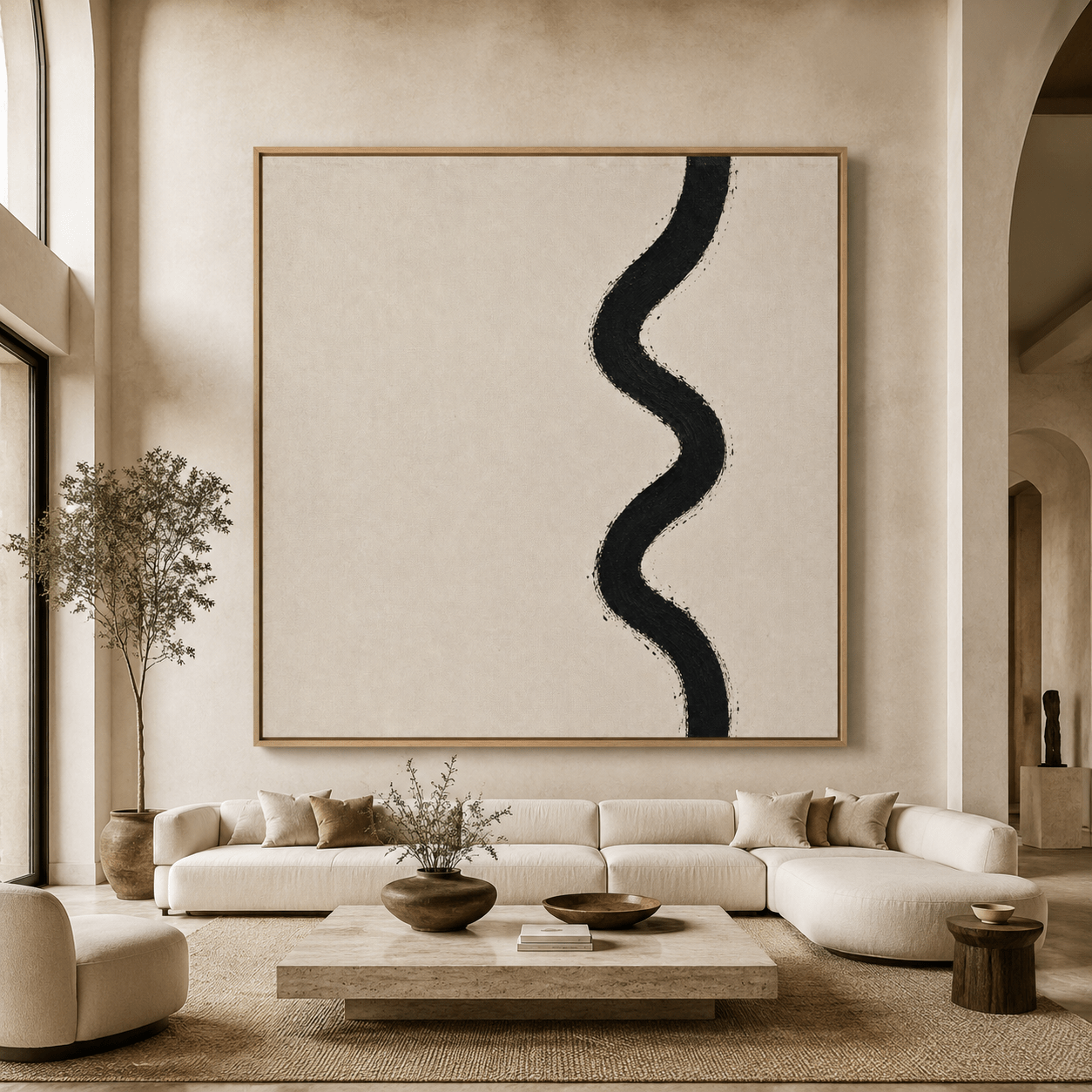 Neutral abstract wall art canvas print styled in a dining room above a black sideboard