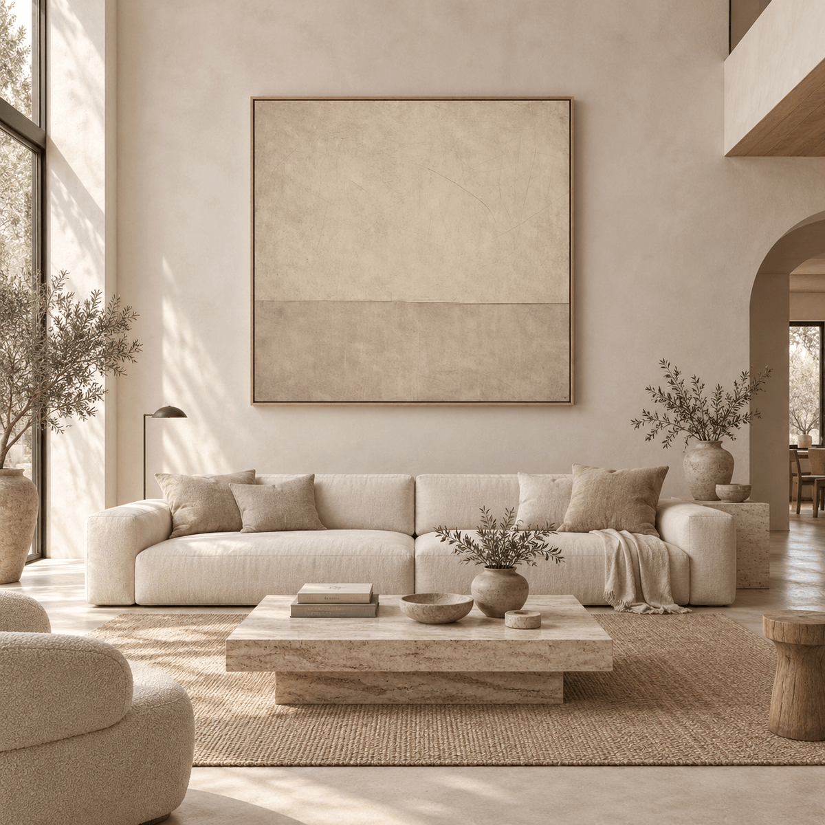 Square beige minimalist abstract wall art displayed in a warm neutral interior