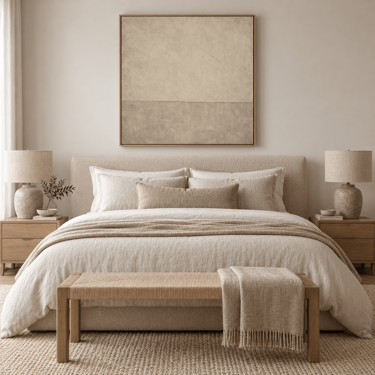 Quiet Divide neutral canvas print in a natural oak floater frame