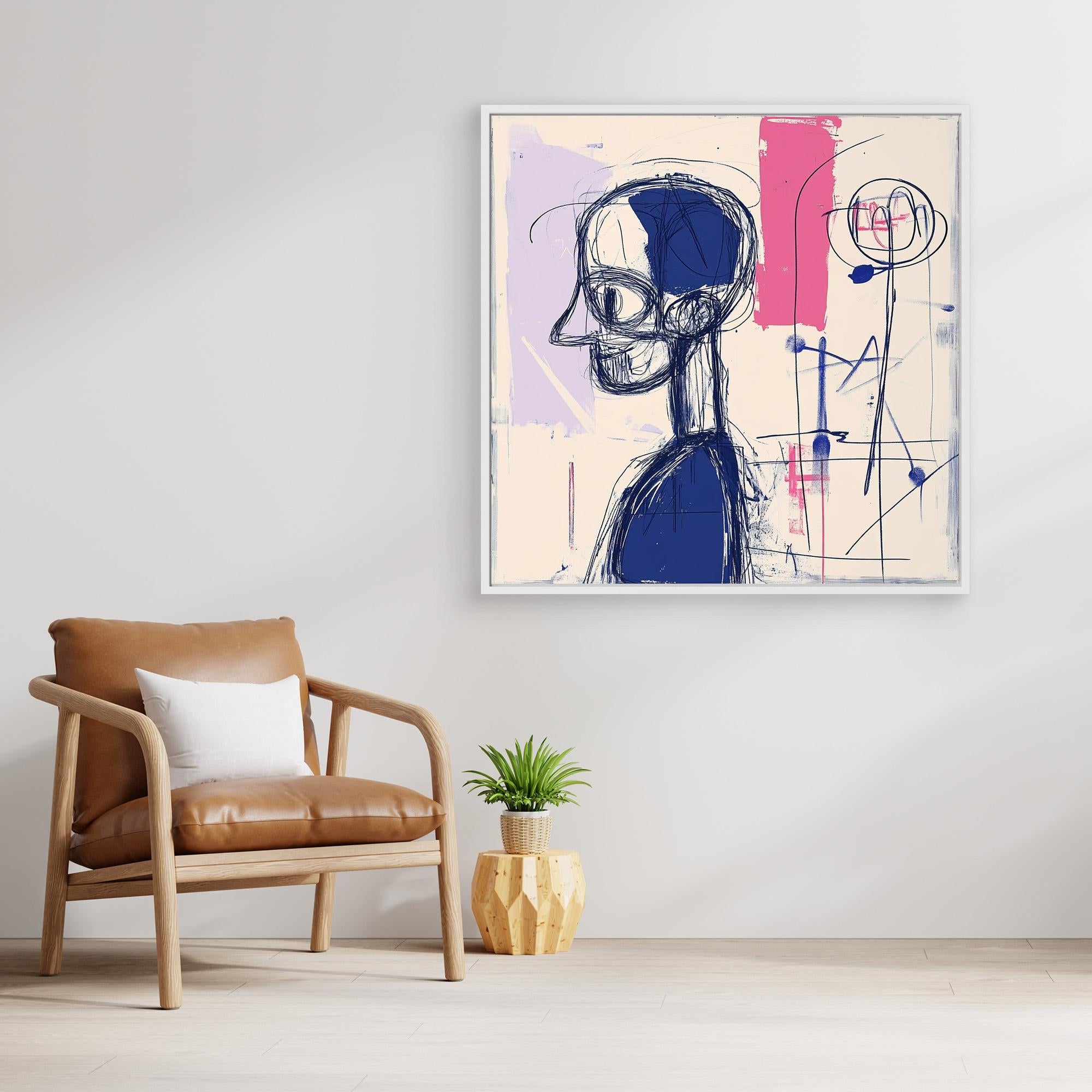 Abstract Contemplation - Modern Abstract Line Art Print | Blue and Pink Abstract Portrait | Contemporary Wall Art for Home or Office Decor