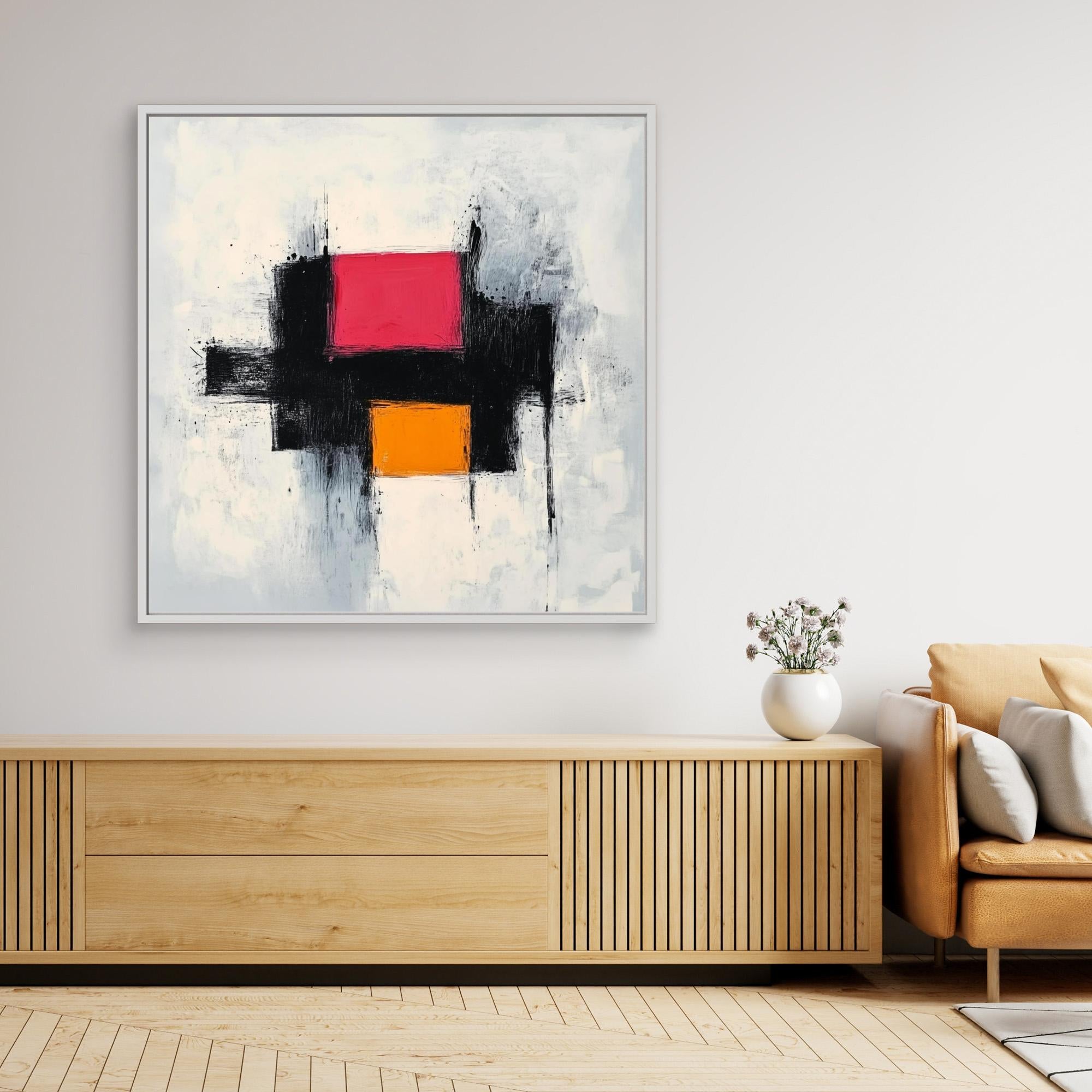 Dynamic Contrast - Print Wall Art - Abstract Wall Art With Pink And Orange Blocks, Modern Minimalist Canvas Print, Black And White Textured Painting For Contemporary Decor