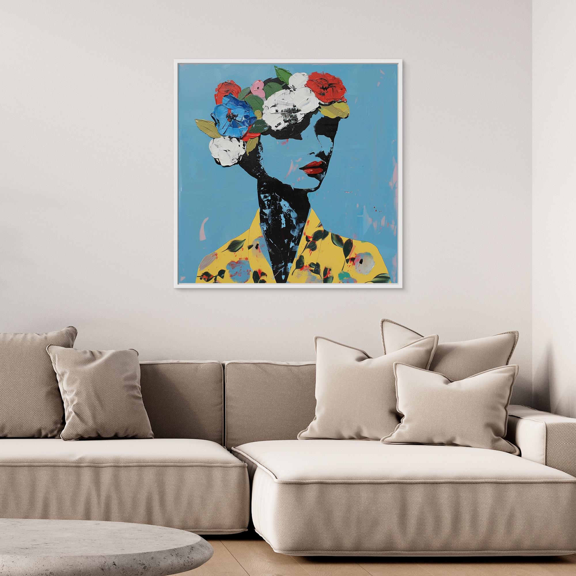 Crowned in Color - Print Wall Art - Floral Portrait Abstract Art Print, Modern Woman Wall Art, Colorful Blue And Yellow Painting, Large Flower Crown Canvas Print