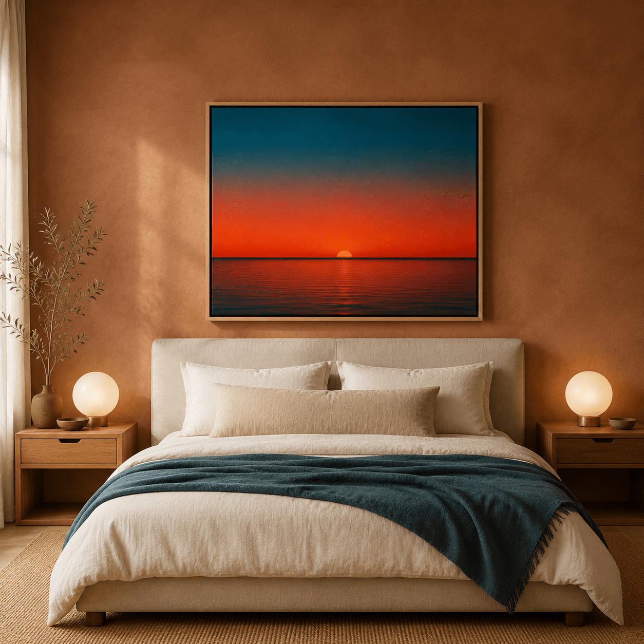 Sunset wall art styled on a bedroom wall – Last Light by Rossetti Art