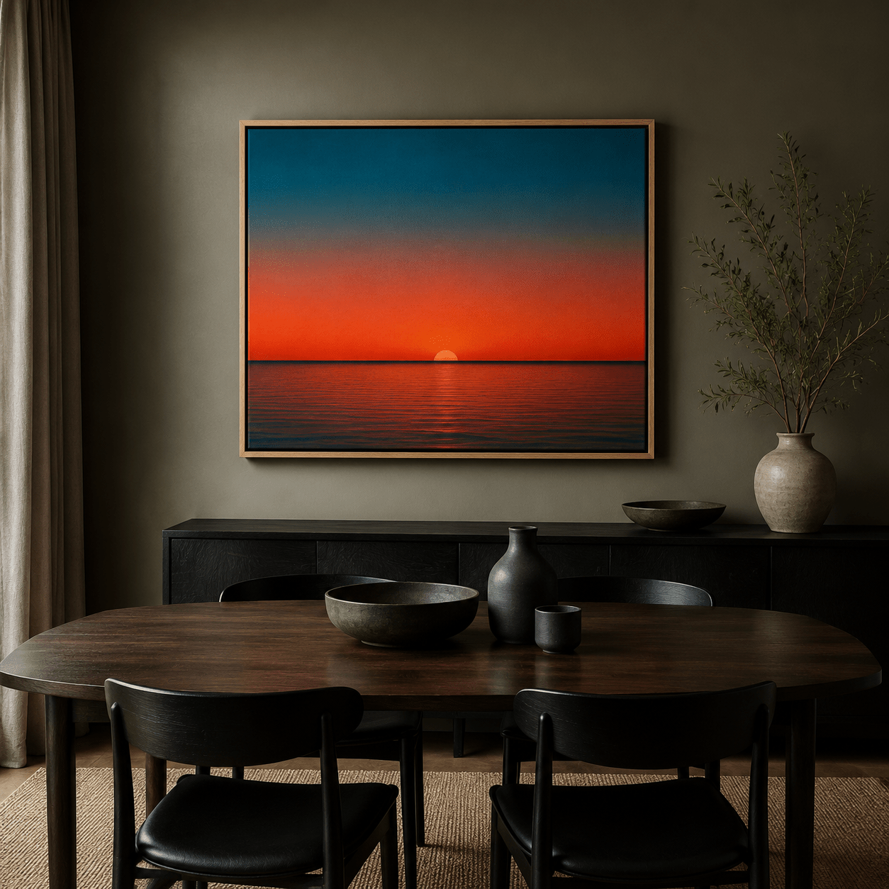 Sunset wall art styled on a living room wall – Last Light by Rossetti Art