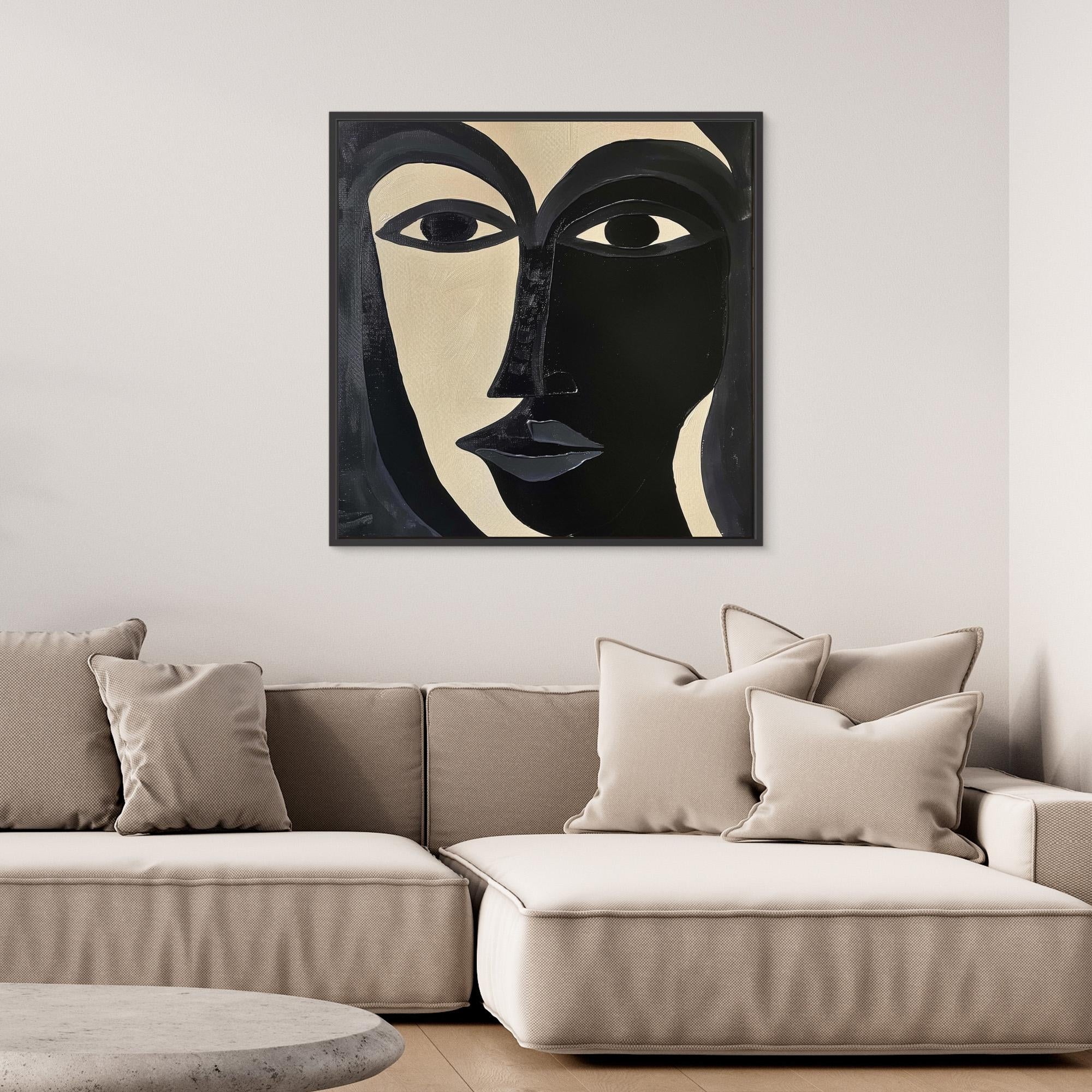 Divided Essence - Minimalist Black and White Abstract Face Art Print, Modern Portrait Wall Decor, Bold Contemporary Expressionist Artwork, Unique Canvas Design