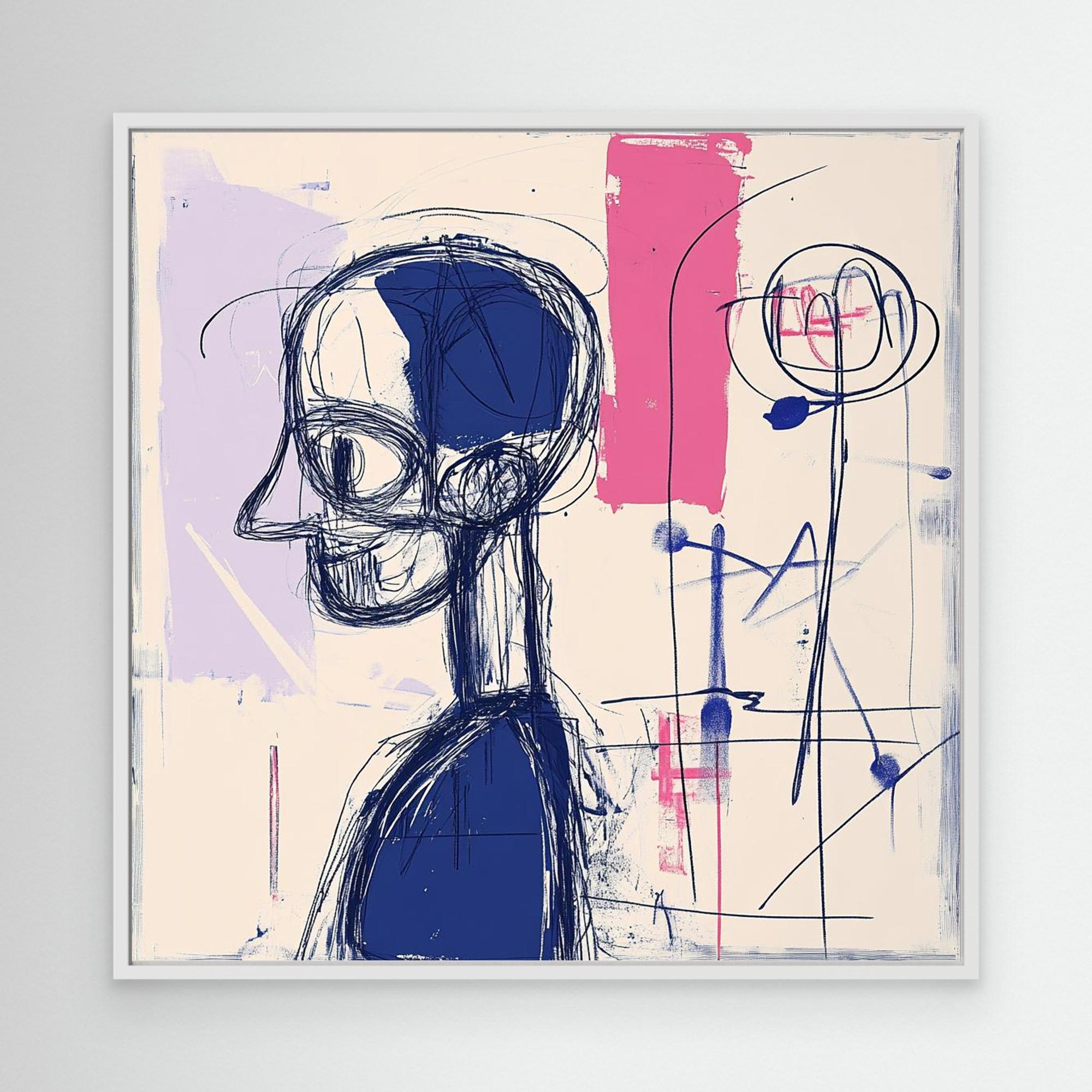 Abstract Contemplation - Modern Abstract Line Art Print | Blue and Pink Abstract Portrait | Contemporary Wall Art for Home or Office Decor