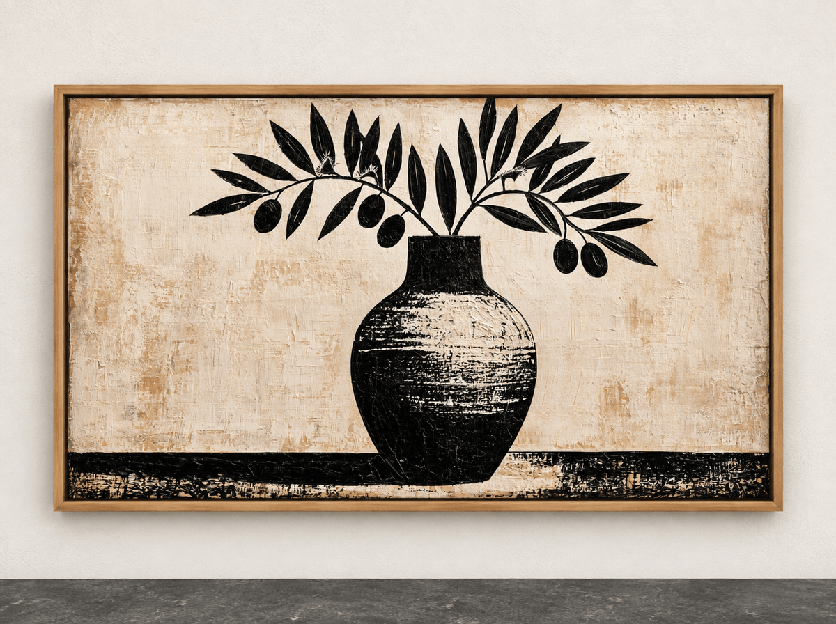 Olive Branch Painting – Aegean Grove framed canvas print on a plain wall by Rossetti Art