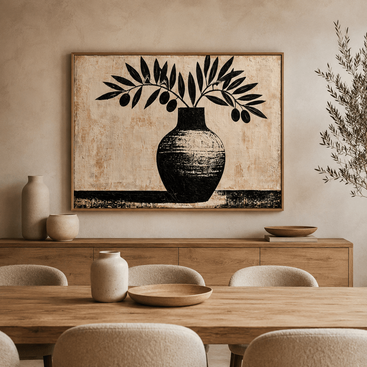 Aegean Grove olive branch painting canvas print above a fireplace in a tall Mediterranean-style living room