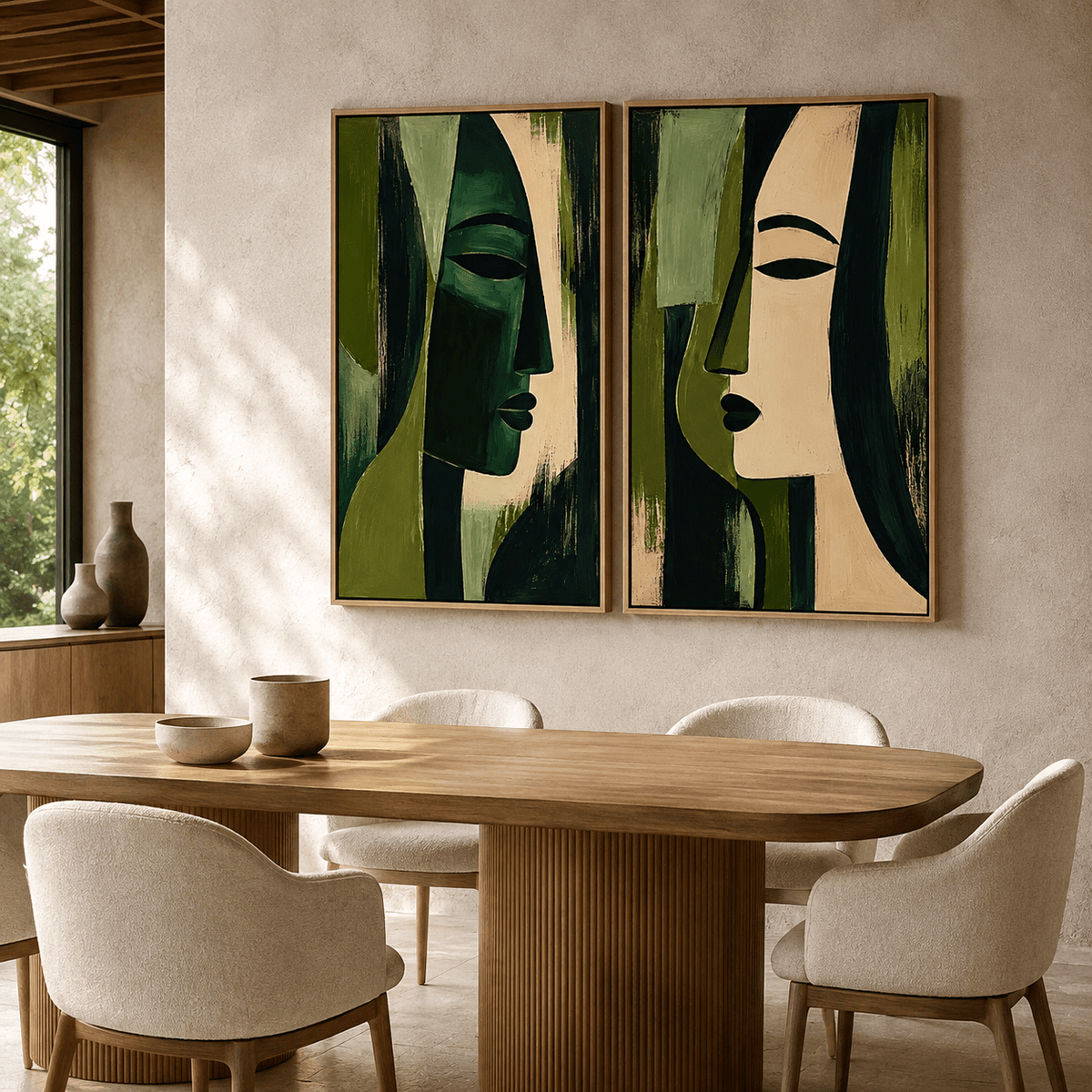 Olive green wall art diptych displayed above a wooden dining table with woven chairs – Verdant Reverie by Rossetti Art