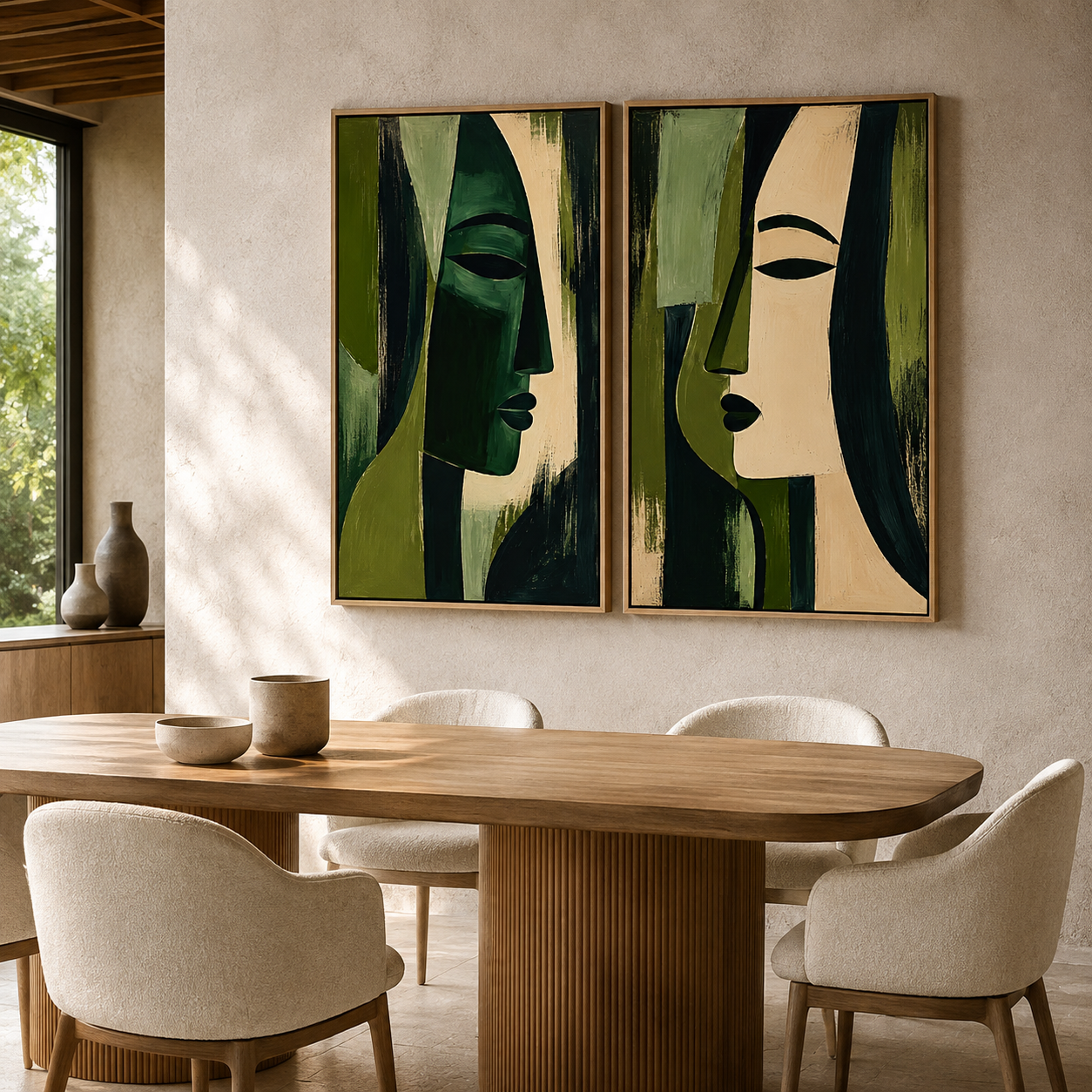 Olive green wall art diptych displayed above a wooden dining table with woven chairs – Verdant Reverie by Rossetti Art