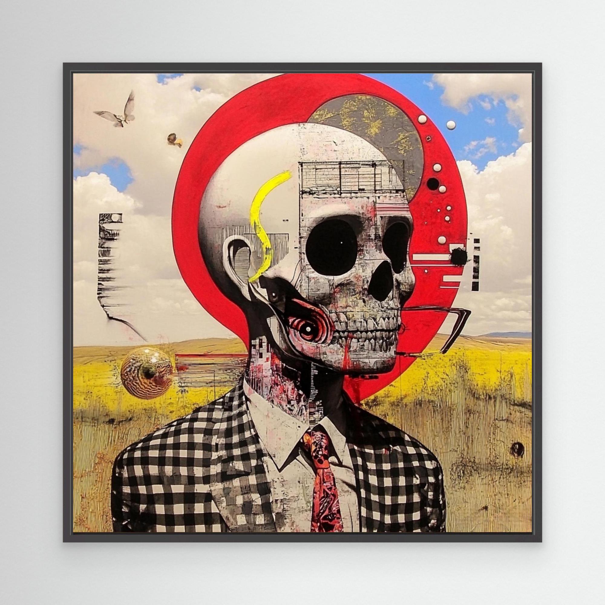 Canvas Print : Skull Reverie - Surreal Skull Art Print – Modern Mixed Media Wall Decor with Red Accents