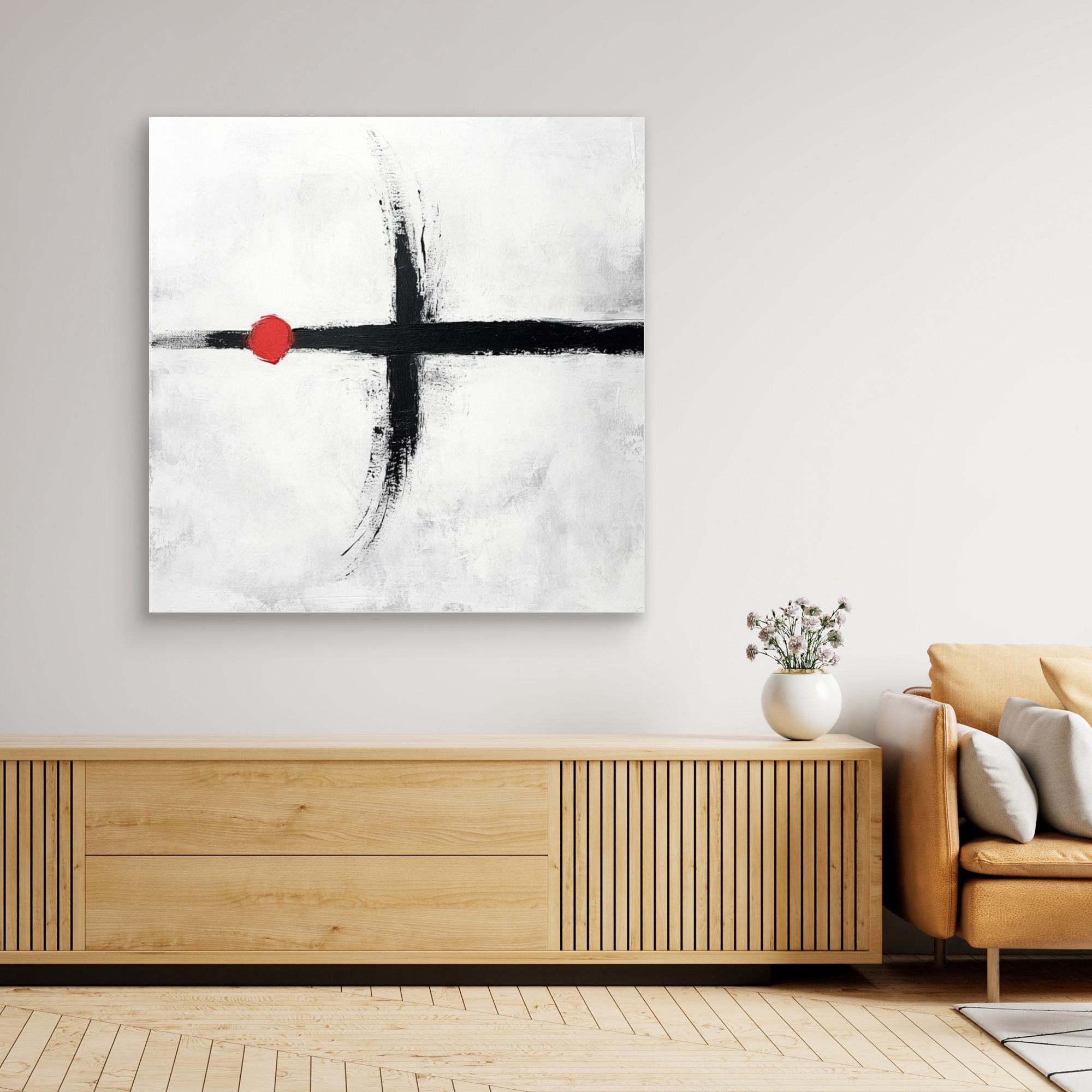 Balance in Red - Minimalist Abstract Wall Art Print - White and Black Painting with Red Accent - Modern Geometric Art for Home or Office Decor