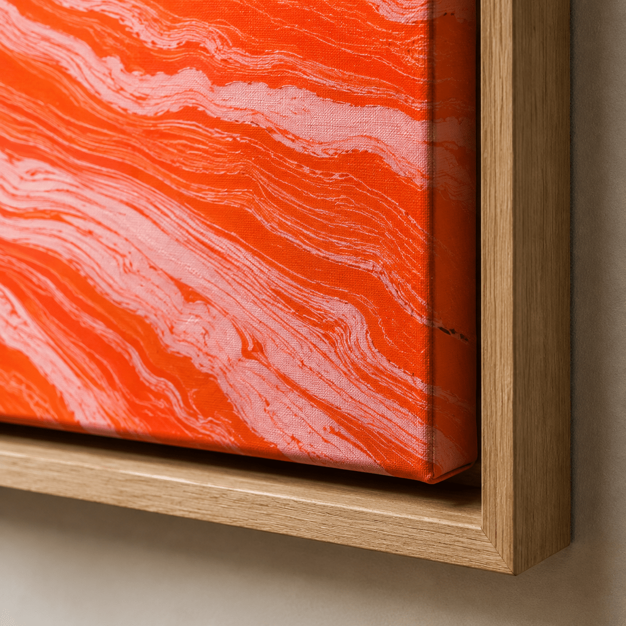 Molten Coral orange abstract art canvas print, flat studio view – Rossetti Art