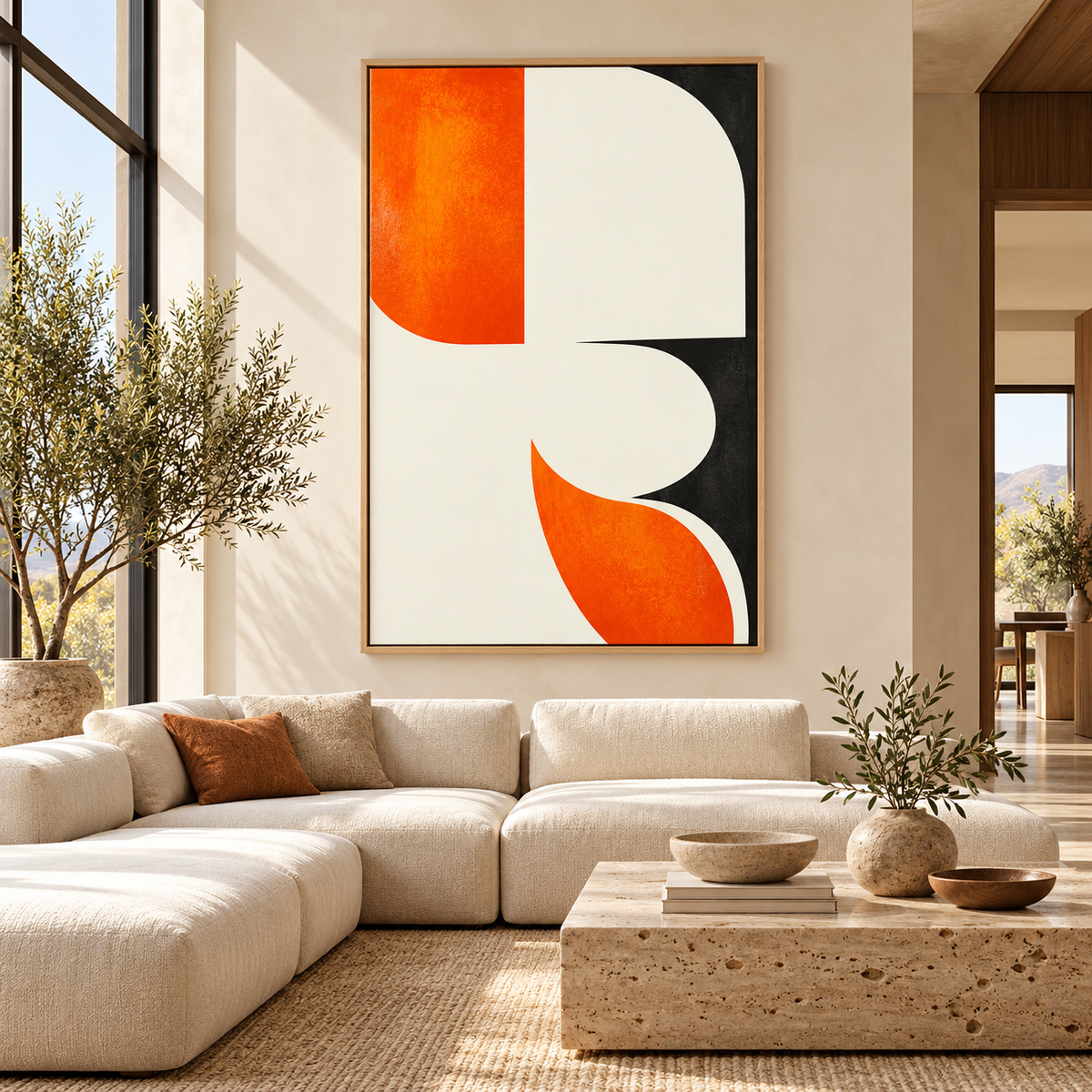 Orange and Black Wall Art – Vermilion Arc large vertical canvas above a cream sofa in a sunlit living room by Rossetti Art
