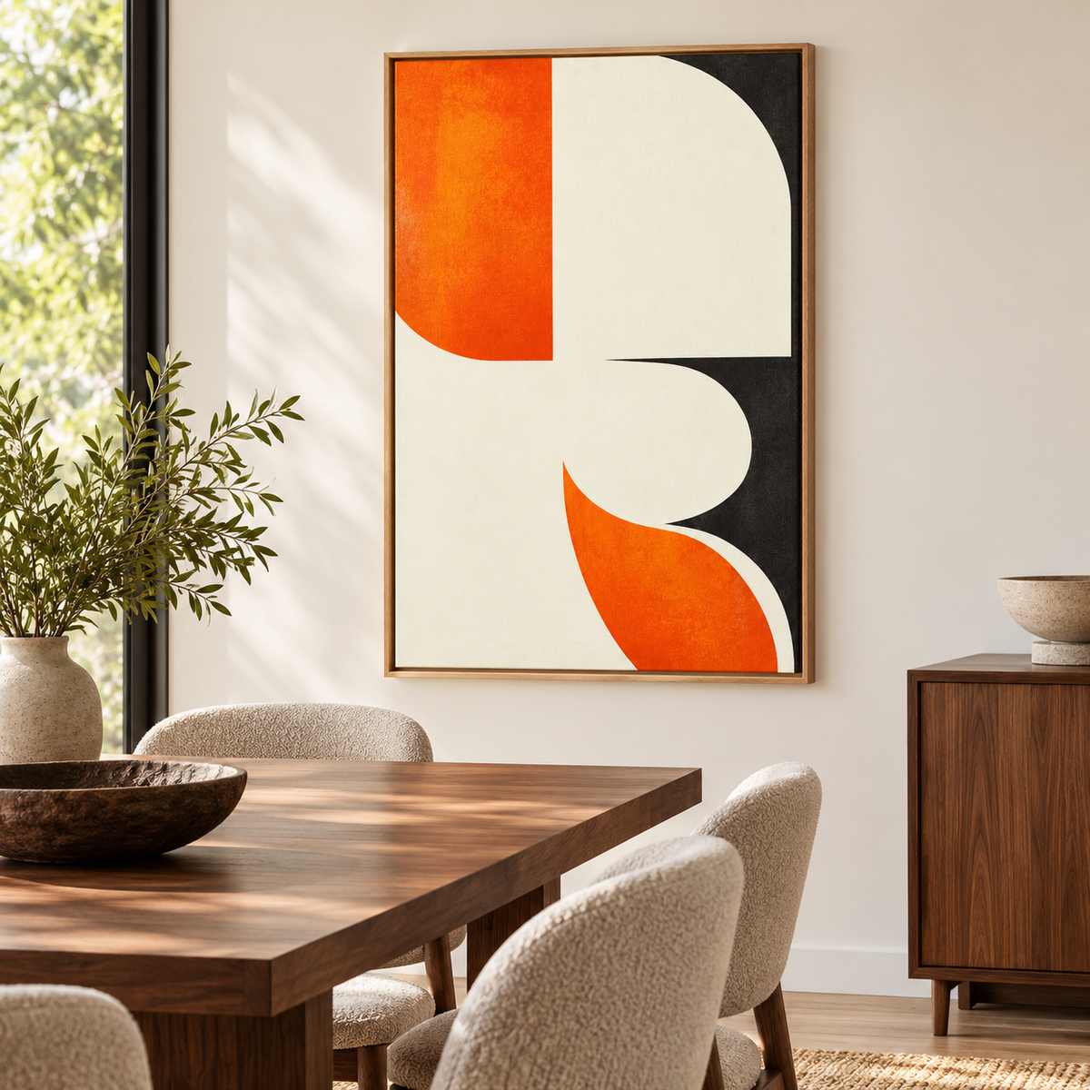 Orange and Black Wall Art – Vermilion Arc mid century style canvas in a dining room by Rossetti Art
