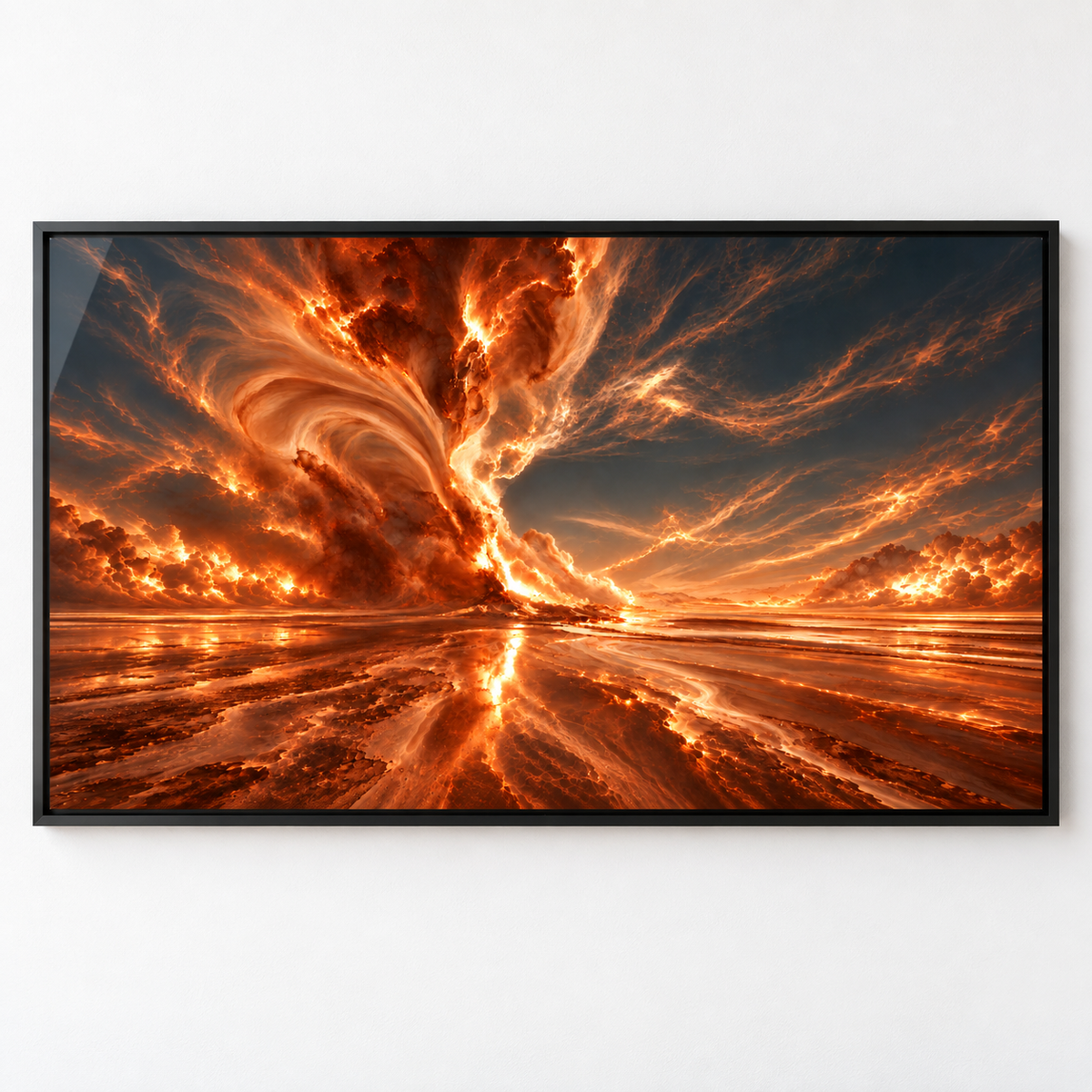 Orange wall art – close-up of the glossy acrylic surface and black floater frame corner by Rossetti Art