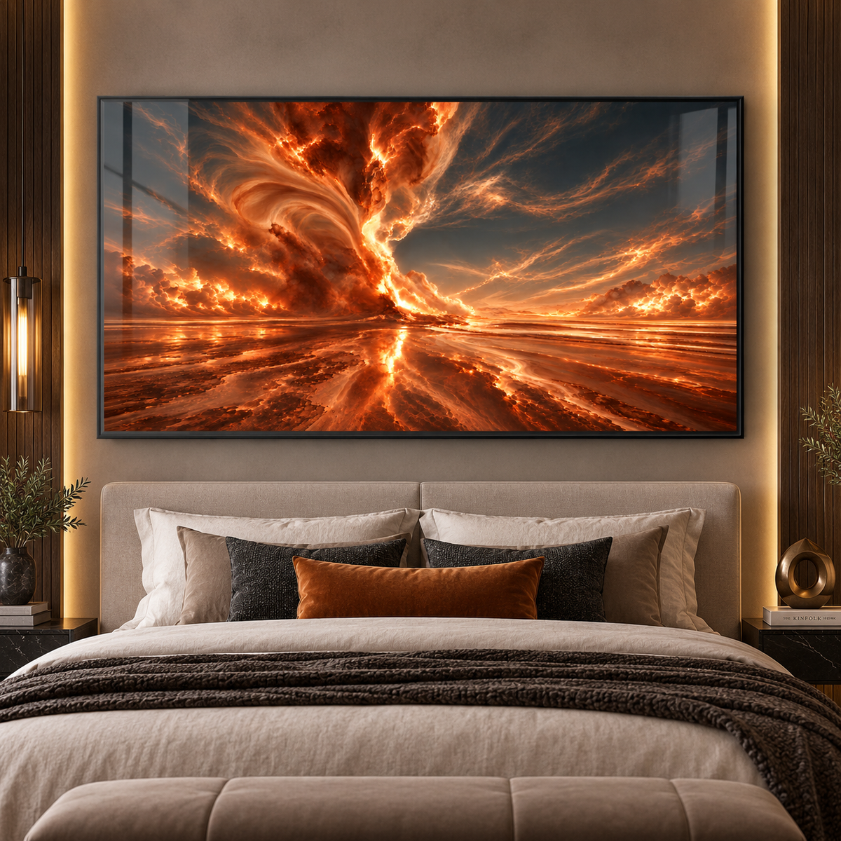 Orange wall art – horizontal fiery sky acrylic print styled in a modern interior by Rossetti Art