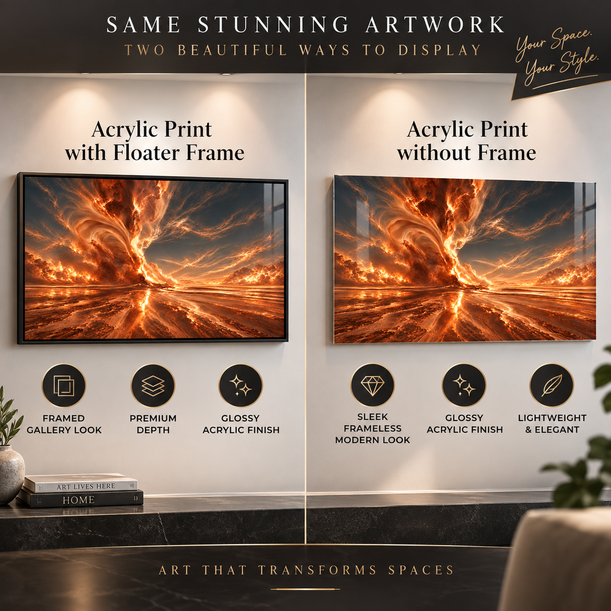 Orange wall art – high-gloss fiery amber acrylic print on a wall, room mockup by Rossetti Art