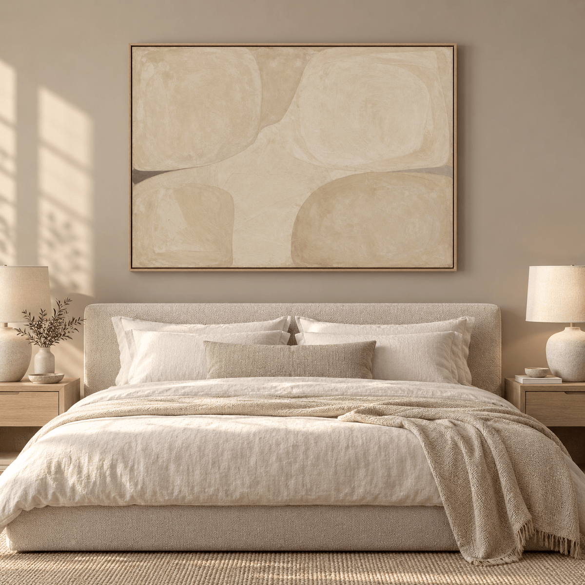 Organic Modern Wall Art — Soft Quadrants canvas print hanging above a bed in a warm neutral-toned bedroom