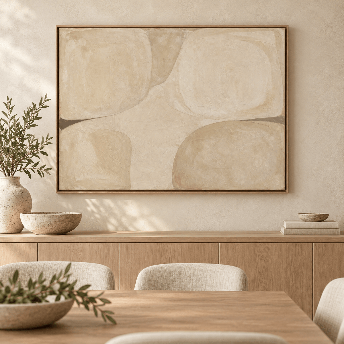 Organic Modern Wall Art — Soft Quadrants canvas print above a wooden sideboard in a dining room with olive branches
