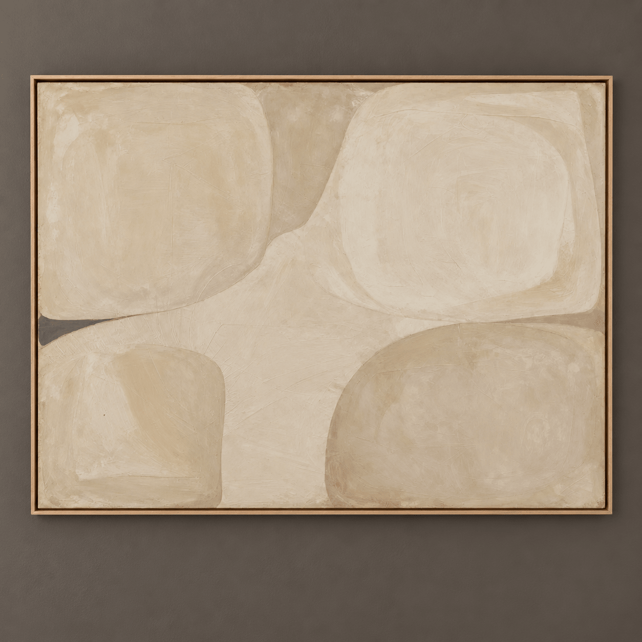 Organic Modern Wall Art — Soft Quadrants canvas print, biomorphic tan and cream abstract painting on a dark gray wall